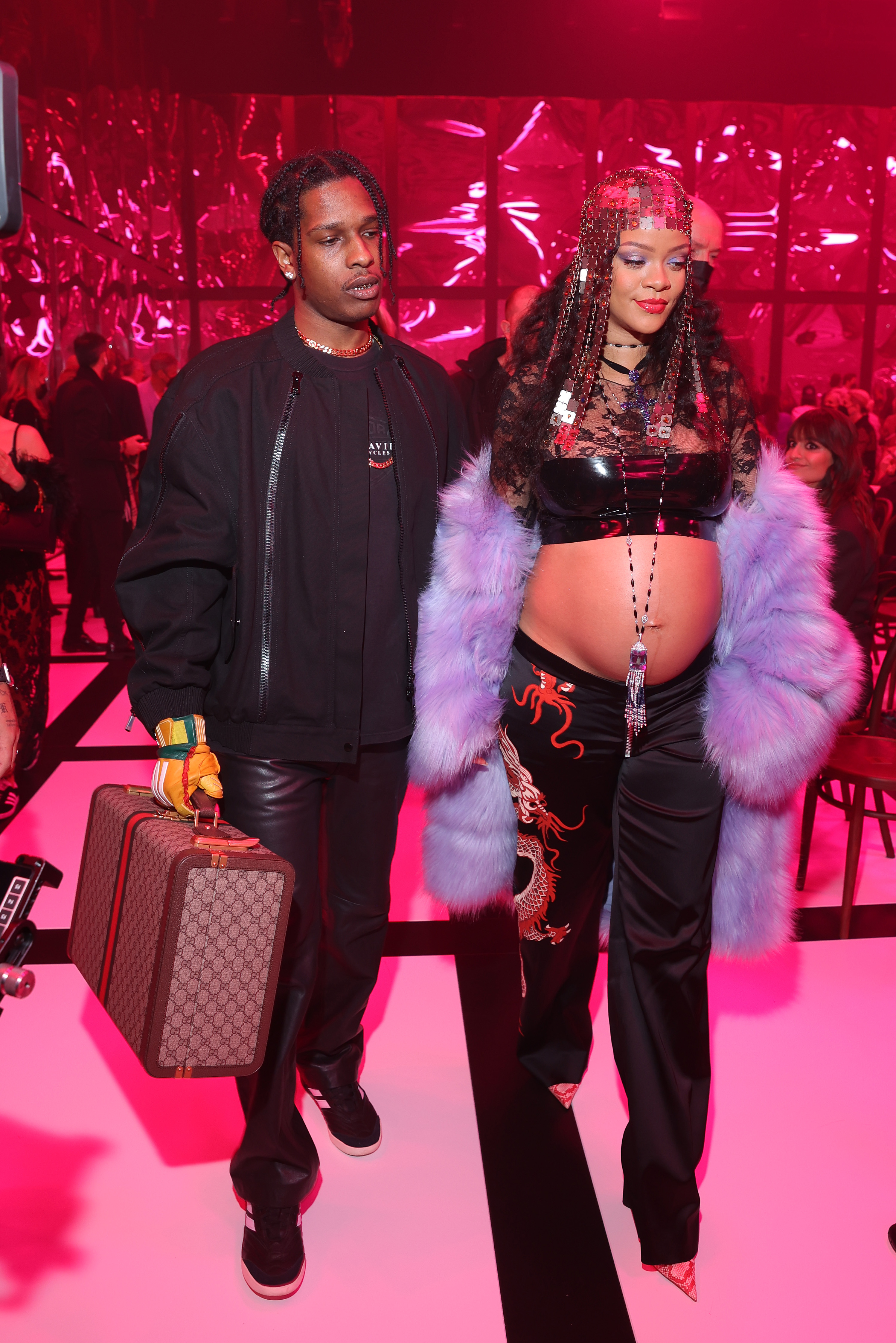 ASAP Rocky and Rihanna are seen at the Gucci show during Milan Fashion Week Fall/Winter 2022/23 on February 25, 2022, in Milan, Italy.