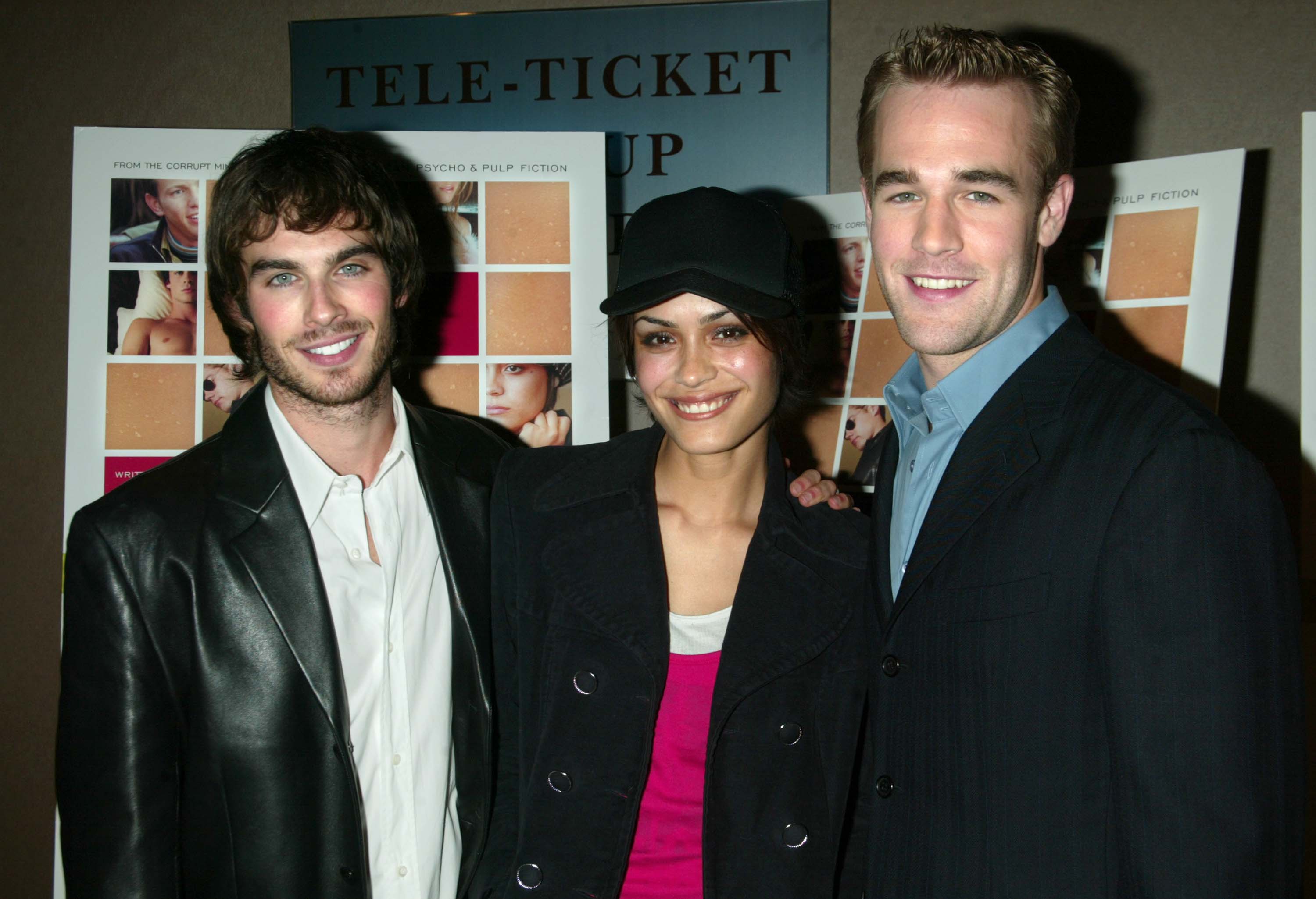Ian Somerhalder, Shannyn Sossamon, and James Van Der Beek stand shoulder-to-shoulder, smiling for the "Rules of Attraction" screening. Somerhalder wears a leather jacket, Sossamon a layered look with a cap, and Van Der Beek adds polished confidence. Together, they radiate early-2000s style and indie-film energy.