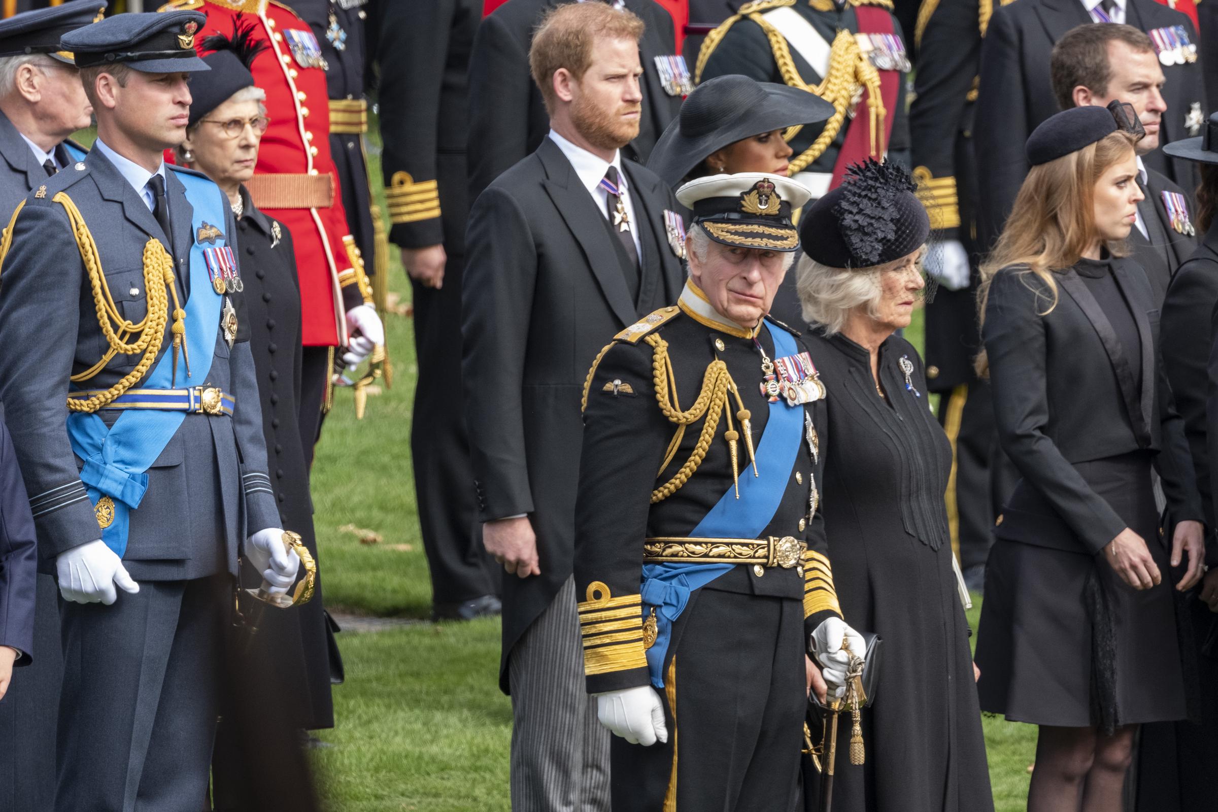 Prince Harry, King Charles, Queen Camila and other royal family members watch as the coffin of the late Queen Elizabeth II leaves in the state hearse from Wellington Arch in London, England on September 19, 2022 | Source: Getty Images