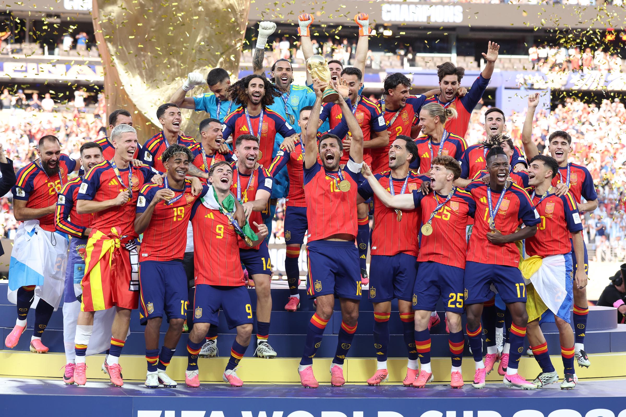 Spain's national soccer team celebrates winning the 2026 FIFA World Cup following the match between Spain and Argentina at New York New Jersey Stadium on July 19 in East Rutherford, New Jersey. | Source: Getty Images