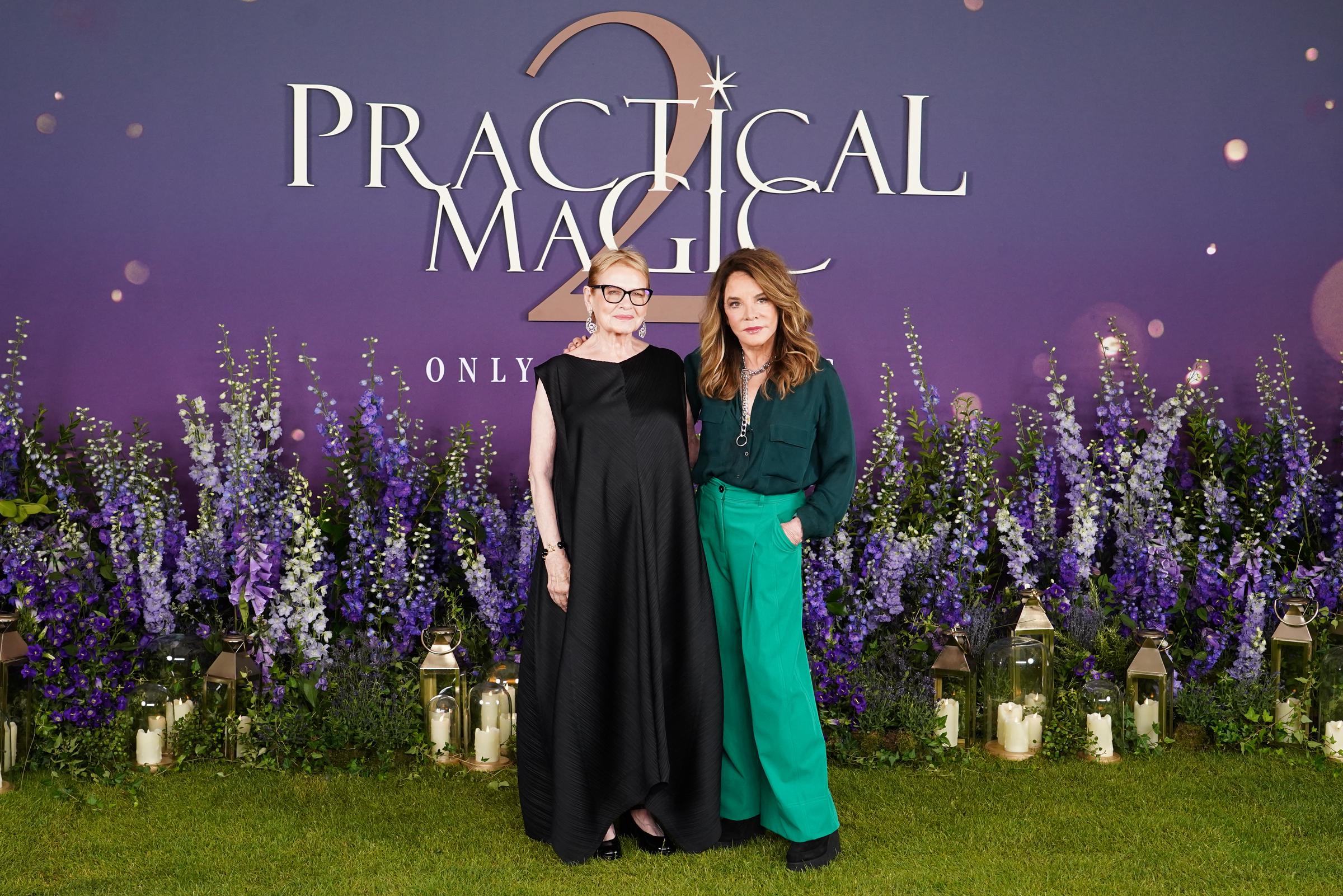 Stockard Channing poses alongside Dianne Wiest during the "Practical Magic 2" photocall at Claridge's Hotel in London on August 27, 2026. Channing's vibrant green ensemble stands out beside Wiest's flowing black dress as the two actresses reunite as Aunt Franny and Aunt Jet for the long-awaited sequel. | Source: Getty Images