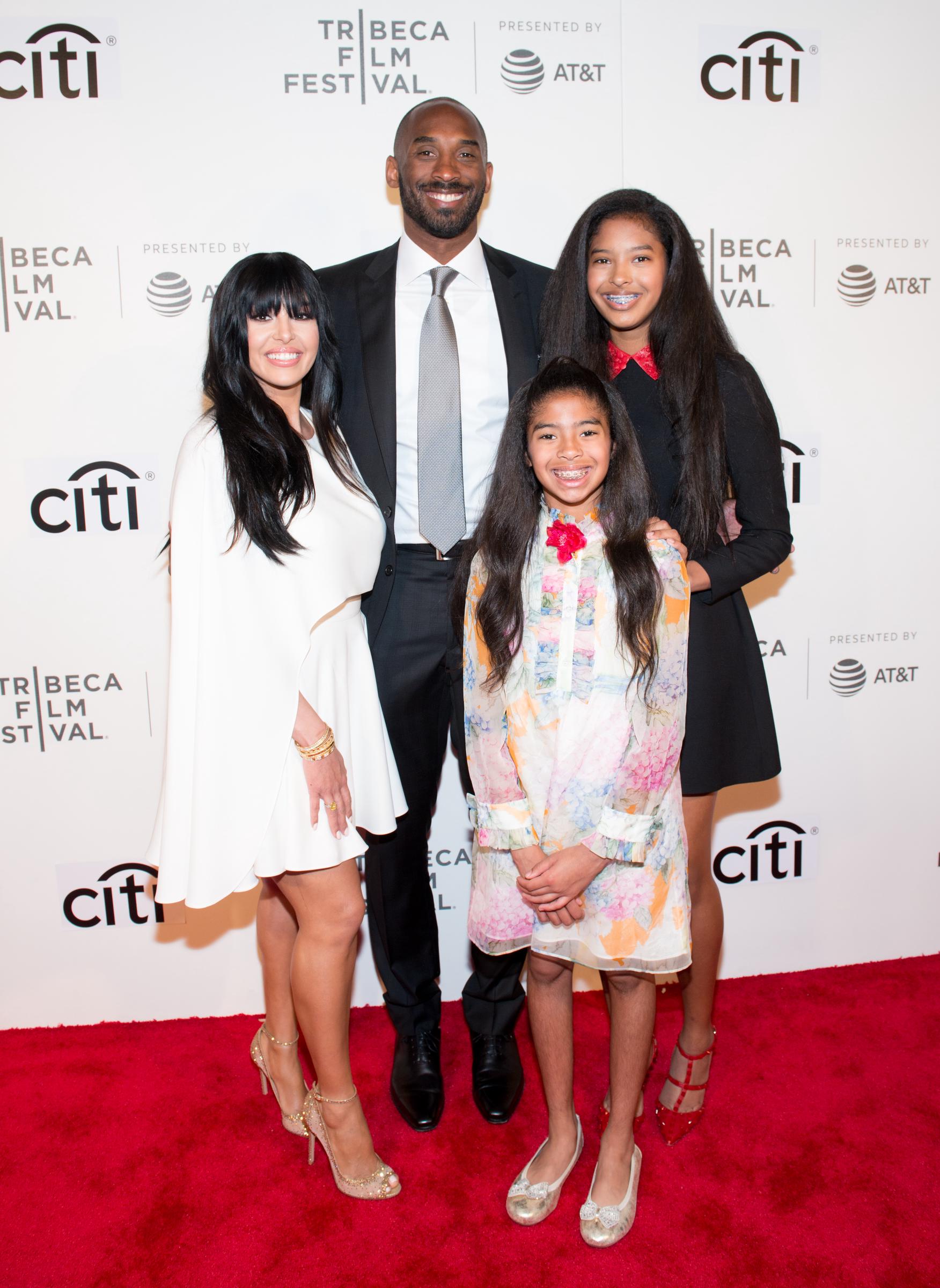 Vanessa Laine Bryant and Kobe Bryant stand with daughters Gianna Maria-Onore Bryant and Natalia Diamante Bryant at the Tribeca Film Festival event celebrating Kobe’s storytelling work, with the family smiling together on the red carpet.