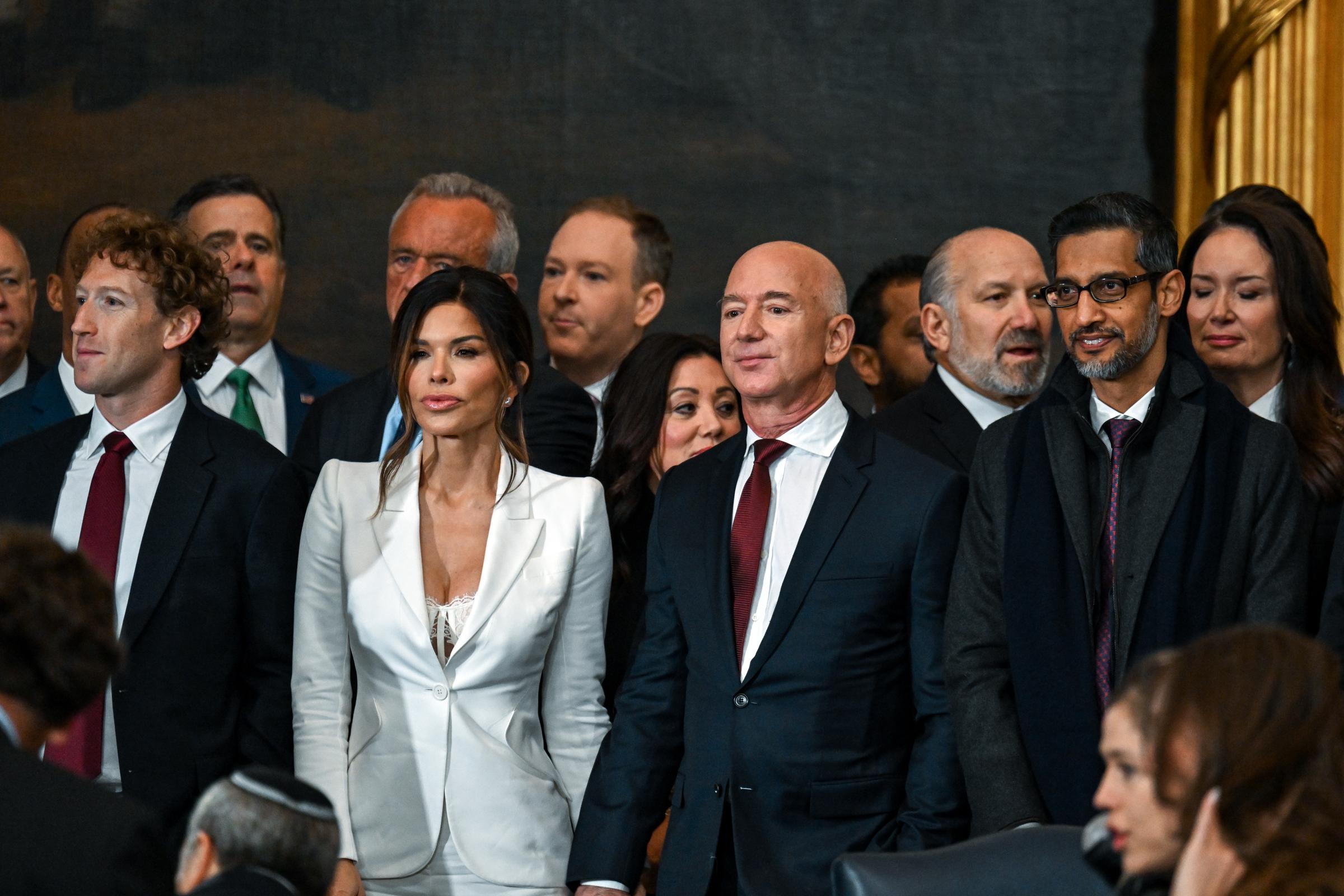 Jeff Bezos standing with Mark Zuckerberg, Lauren Sanchez, and Sundar Pichai at U.S. President Donald Trump's inauguration in Washington, D.C., on January 20, 2025. | Source: Getty Images