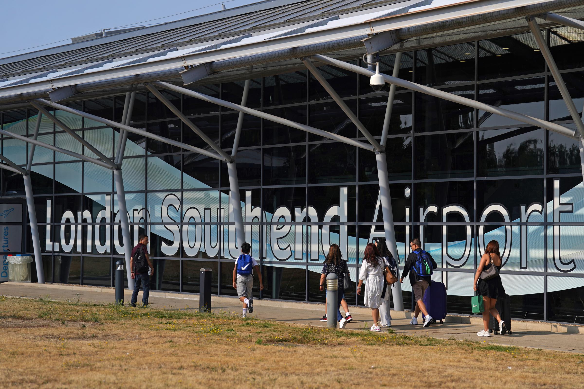 Passengers outside the terminal at Southend Airport, London, on July 14, 2025. | Source: Getty Images