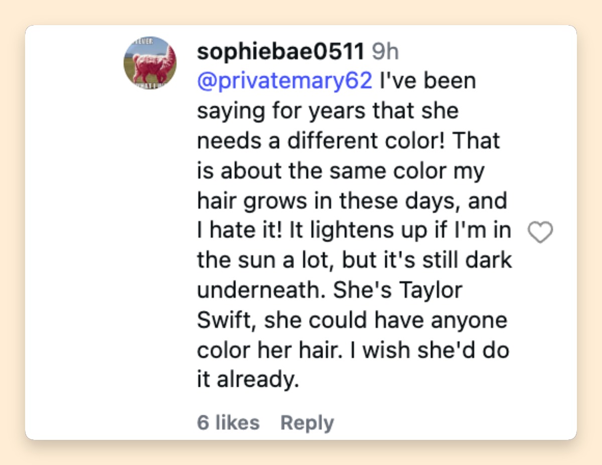 A fan comments on Taylor Swift's hair color following photos from her August 15 wedding guest appearance in Gloucestershire, England. | Source: Instagram/tmztv