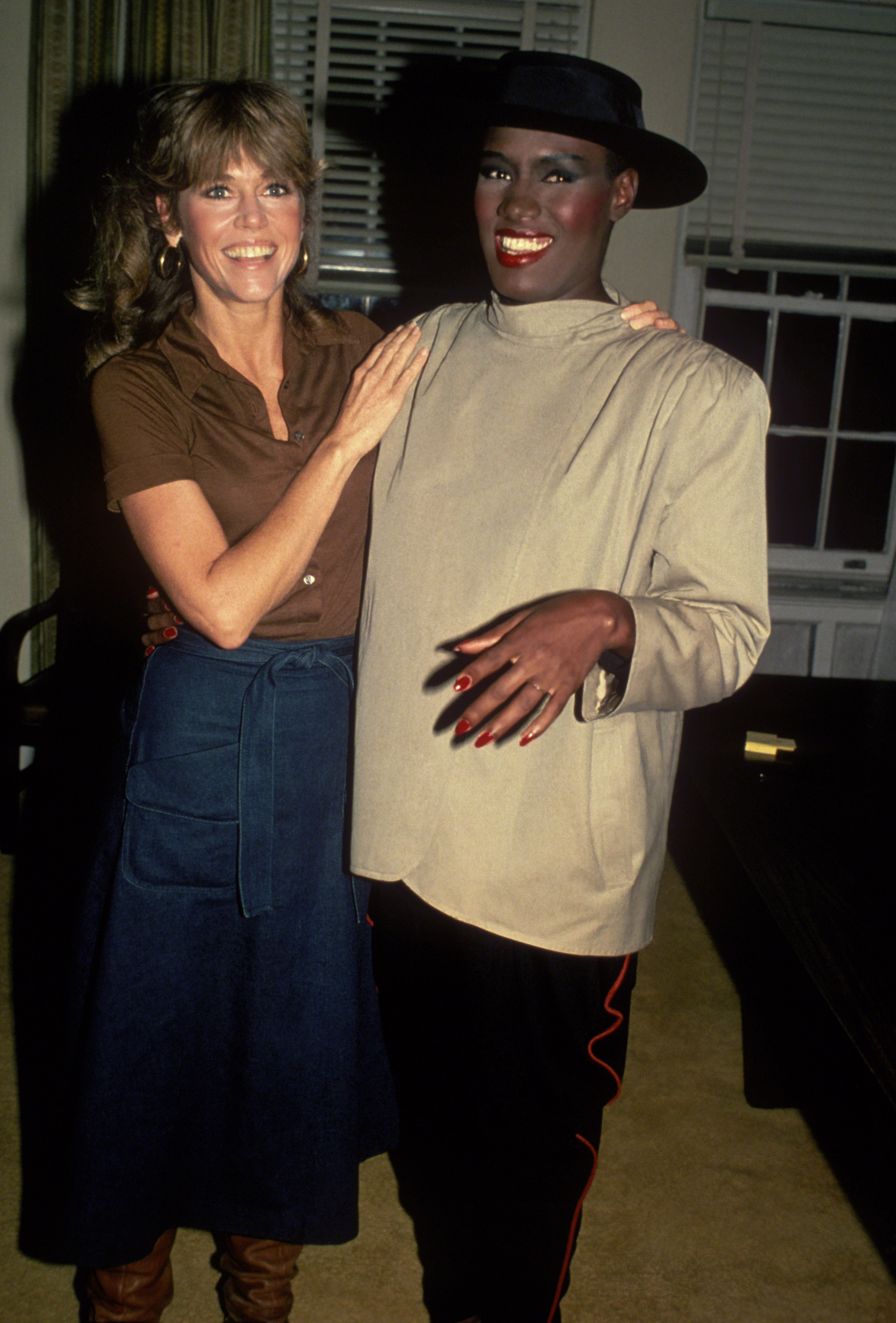 Grace Jones with Jane Fonda in New York City circa 1979. | Source: Getty Images