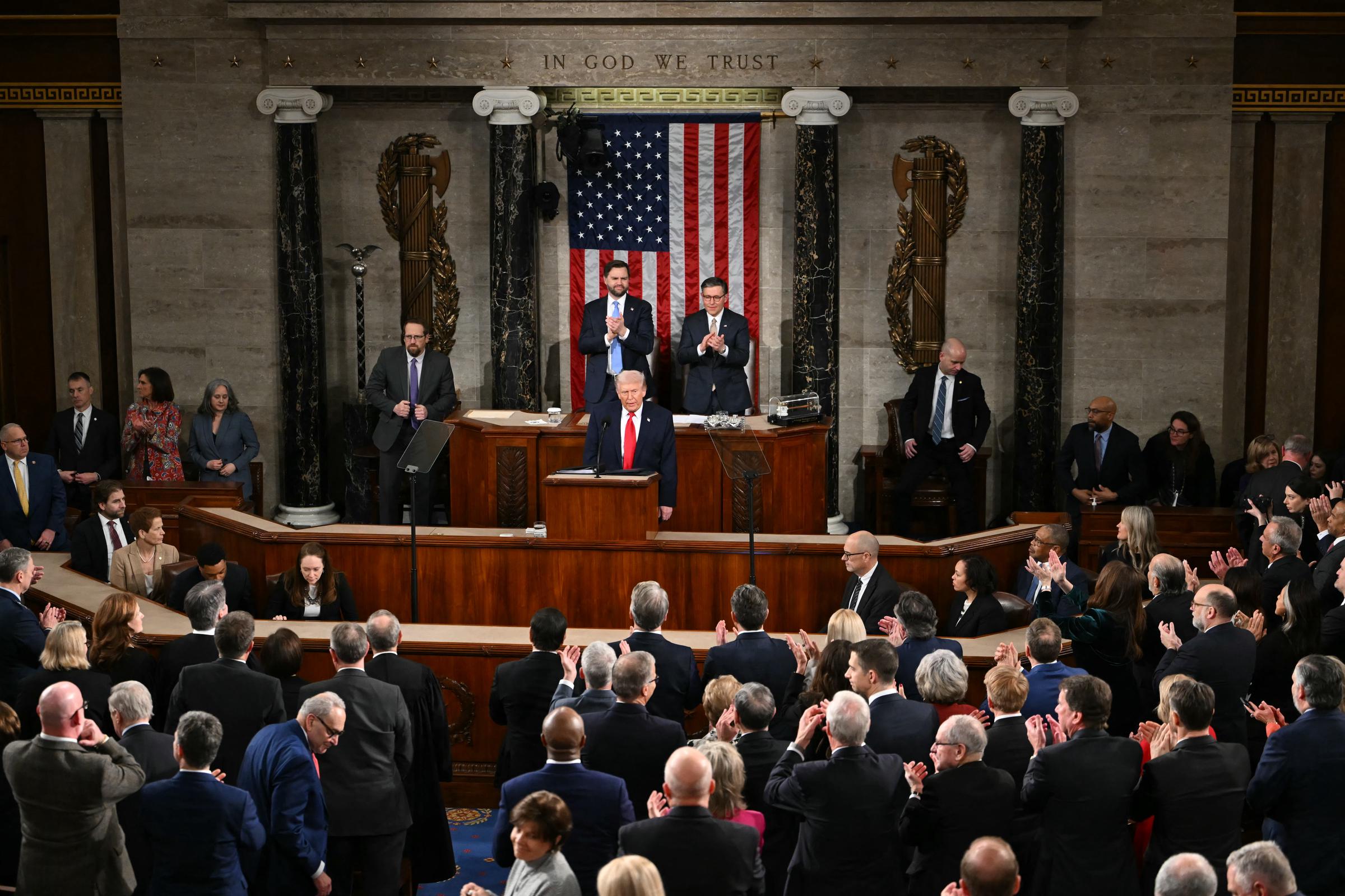 President Donald Trump concludes his remarks during the State of the Union address in Washington, DC, on February 24, 2026. | Source: Getty Images