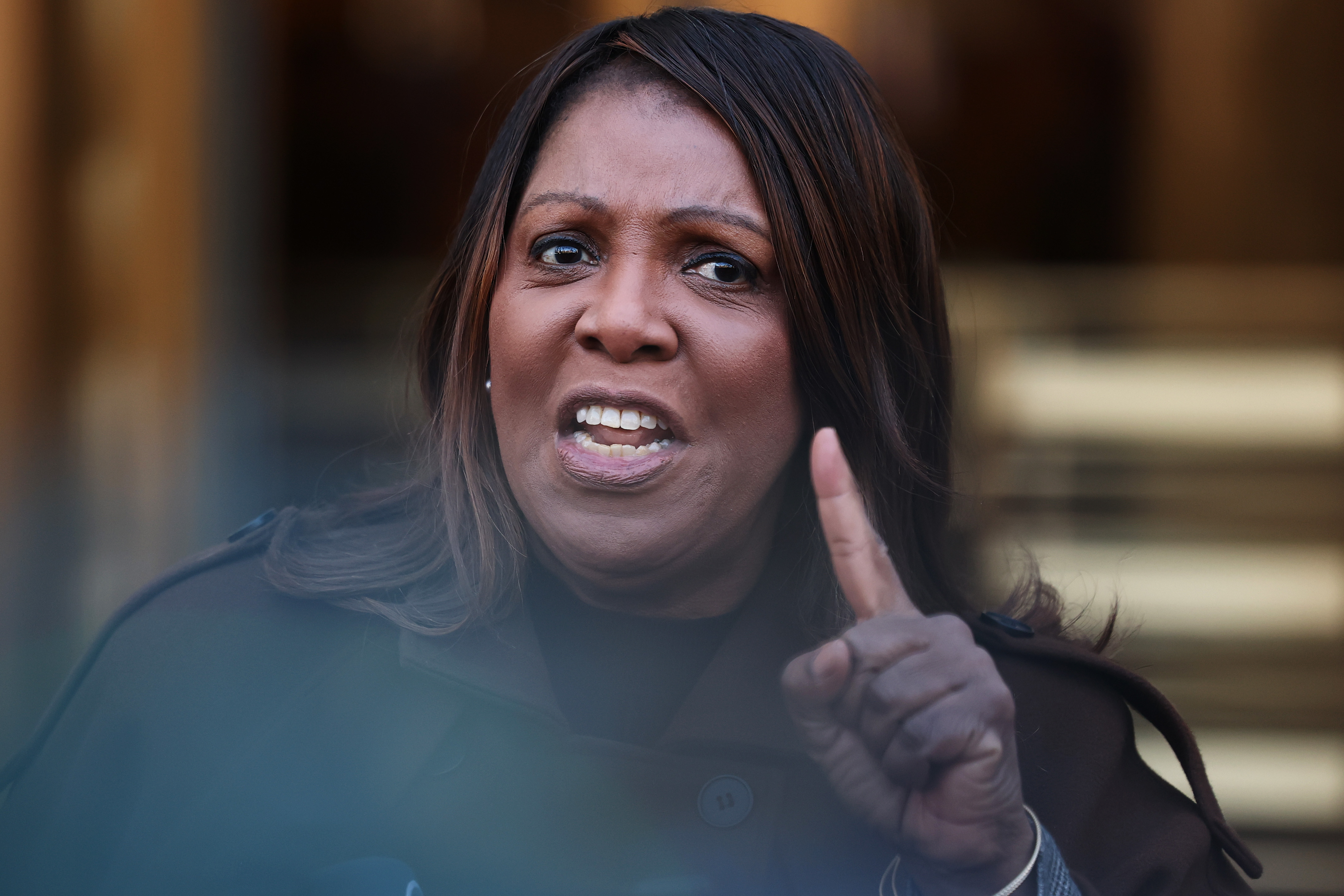 Letitia James speaks during a press conference on the Department of Government Efficiency (DOGE) at Manhattan Federal Courthouse on February 14, 2025 in New York City. | Source: Getty Images