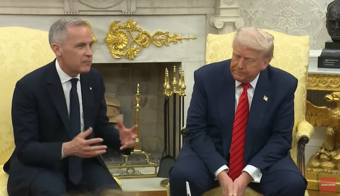 Prime Minister Mark Carney gestures while speaking during his meeting with President Donald Trump in the Oval Office, as Trump listens, posted on May 7, 2025 | Source: YouTube/nypost