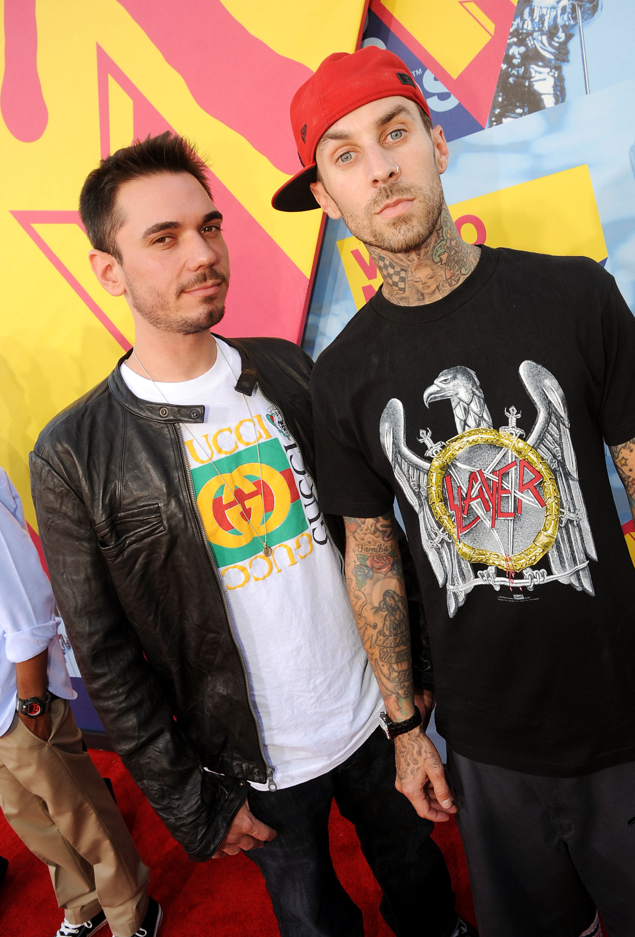 Adam "DJ AM" Goldstein and Travis Barker at the 2008 MTV Video Music Awards at Paramount Pictures Studios in Los Angeles, California, on September 7. | Source: Getty Images