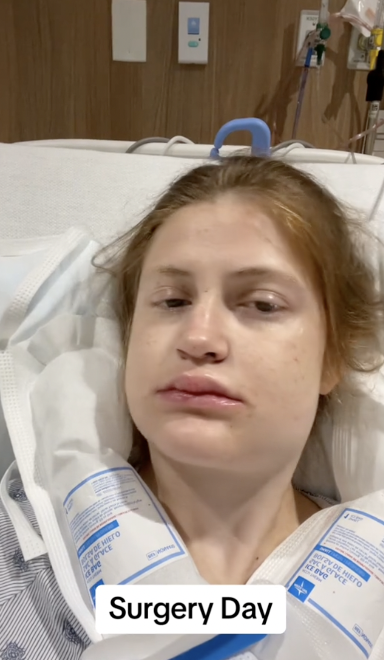 Virginia Elder rests post-operation, with visible swelling and cooling packs in place. | Source: TikTok/virginiaeelder