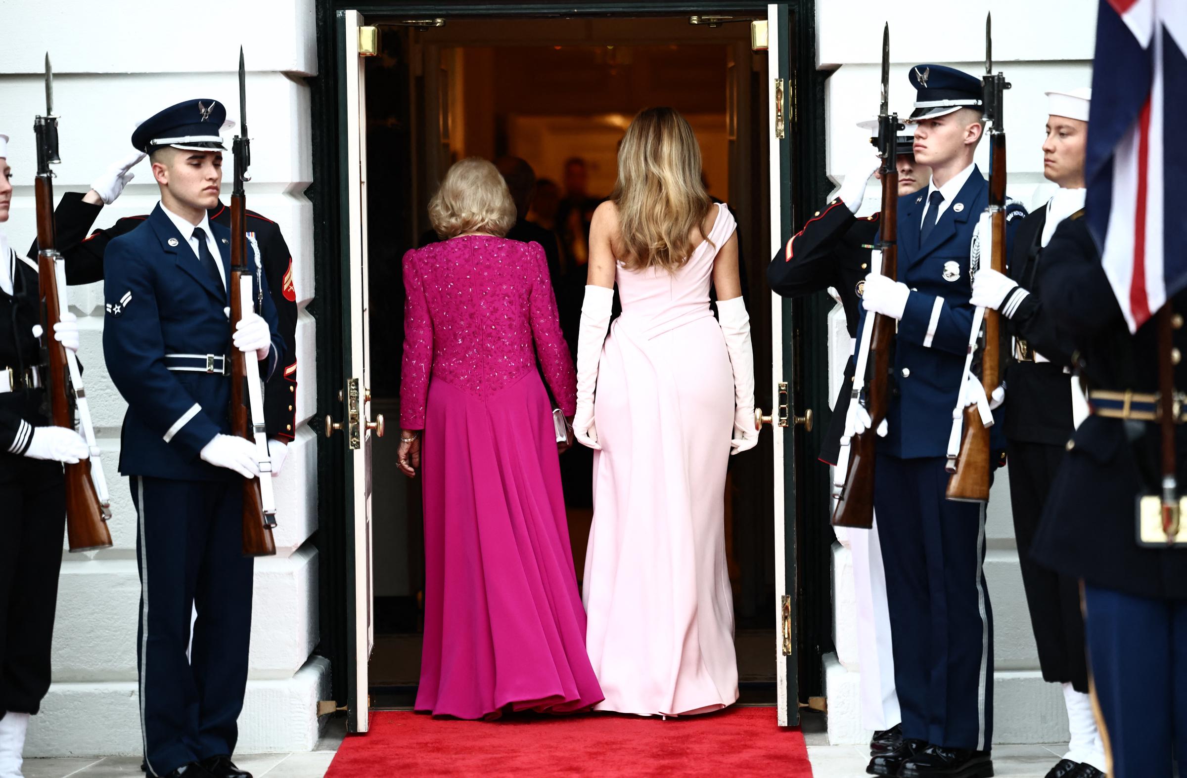Melania Trump and Queen Camilla walk into the White House for the state dinner. | Source: Getty Images