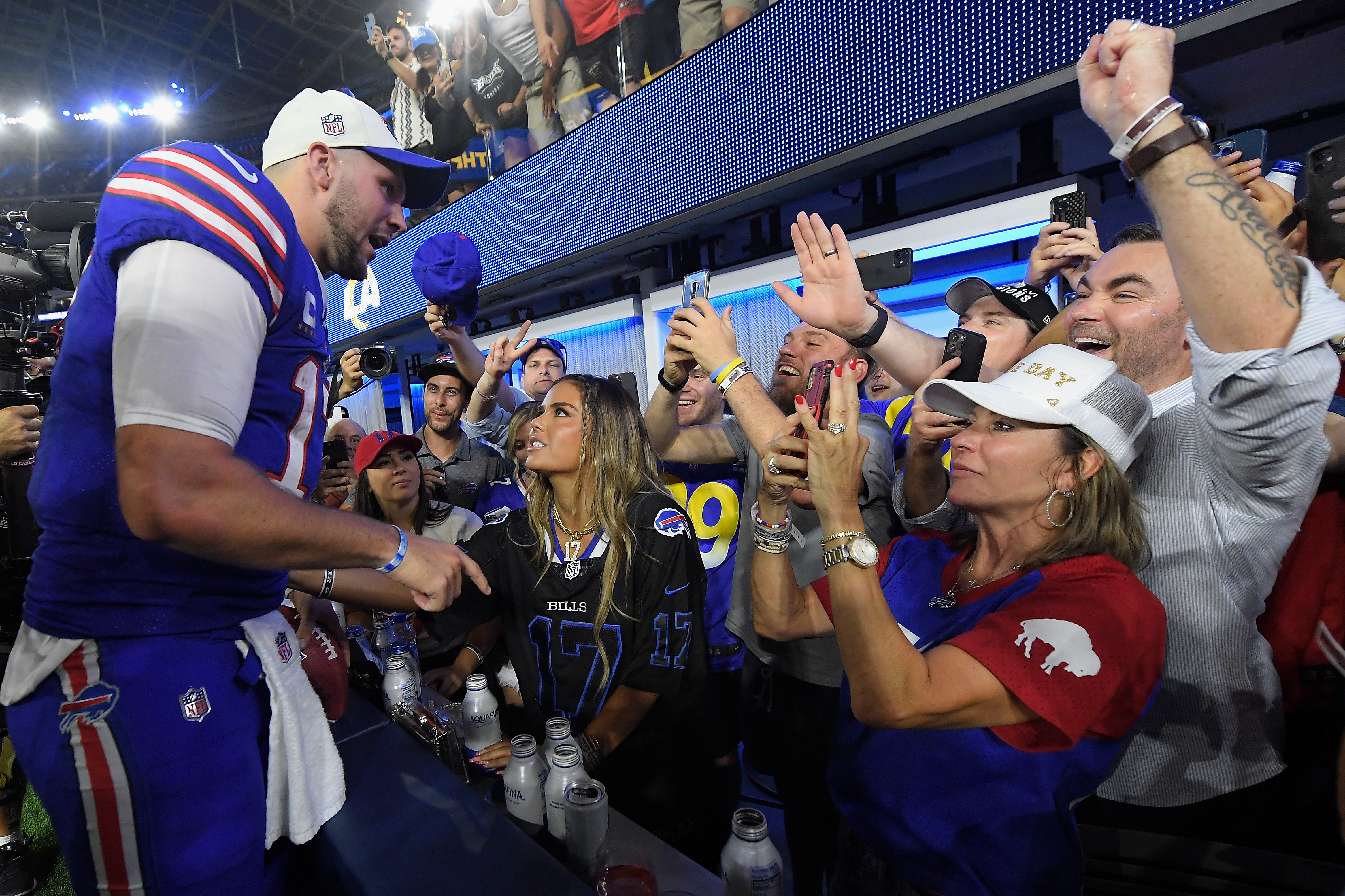 Josh Allen celebrating with Brittany Williams after a 31-10 win over the Los Angeles Dodgers at SoFi Stadium on September 8, 2022, in Inglewood, California. | Source: Getty Images
