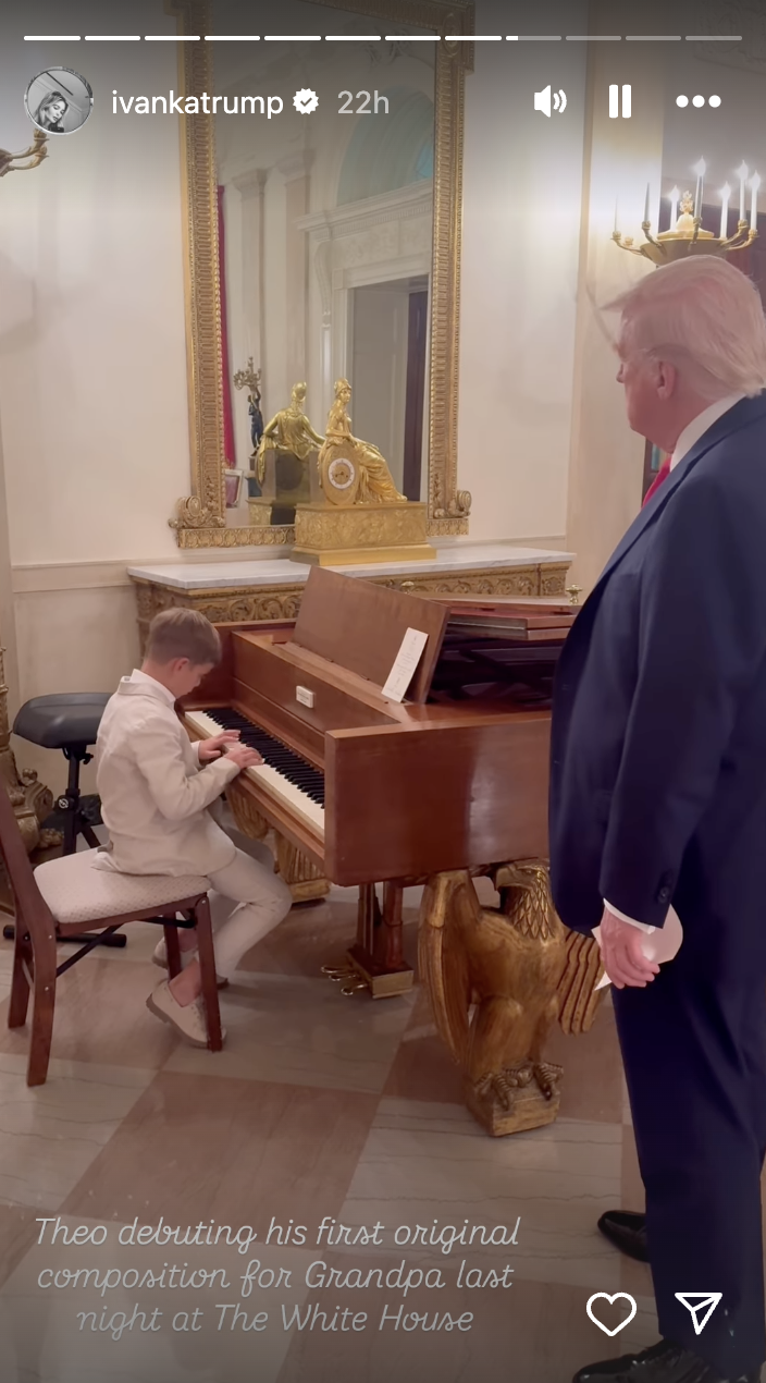 Donald Trump watches his grandson Theo Kushner play piano for him in The White House, as seen in Ivanka Trump's Instagram Story | Source: Instagram/ivankatrump