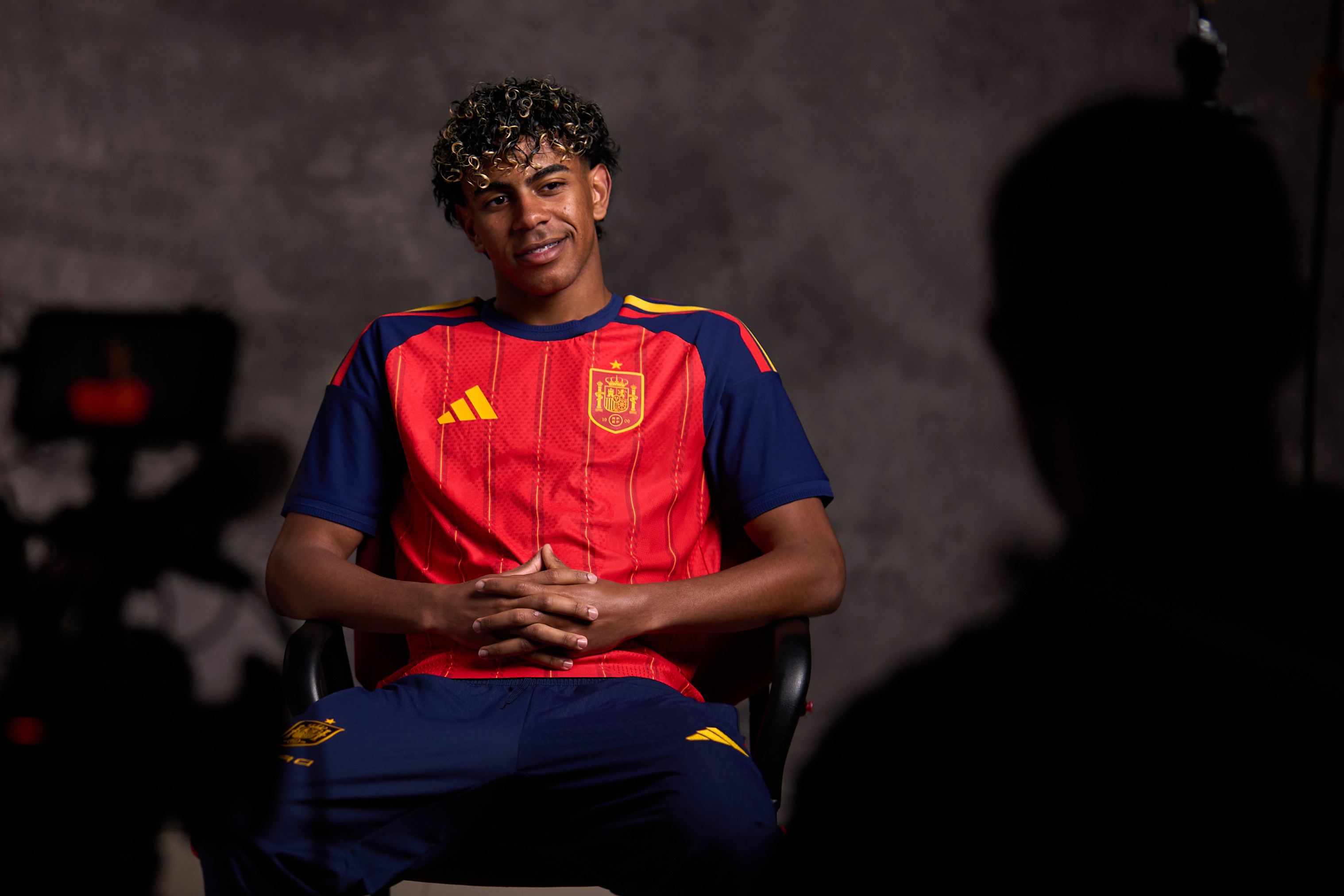 Lamine Yamal is interviewed during a Pre-Event Access Day at Ciudad del Fútbol on March 25, 2026, in Las Rozas de Madrid, Spain. | Source: Getty Images