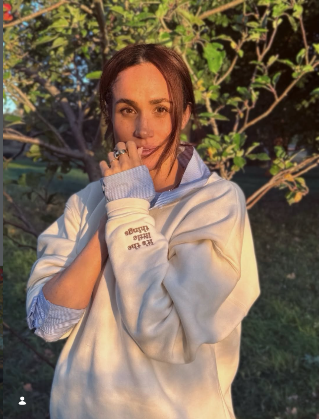 Meghan modeled the cream-colored sweatshirt outdoors in warm evening light, pairing it with a blue-and-white striped shirt and rings. The slogan is embroidered on the sleeve. | Source: Instagram/Meghan