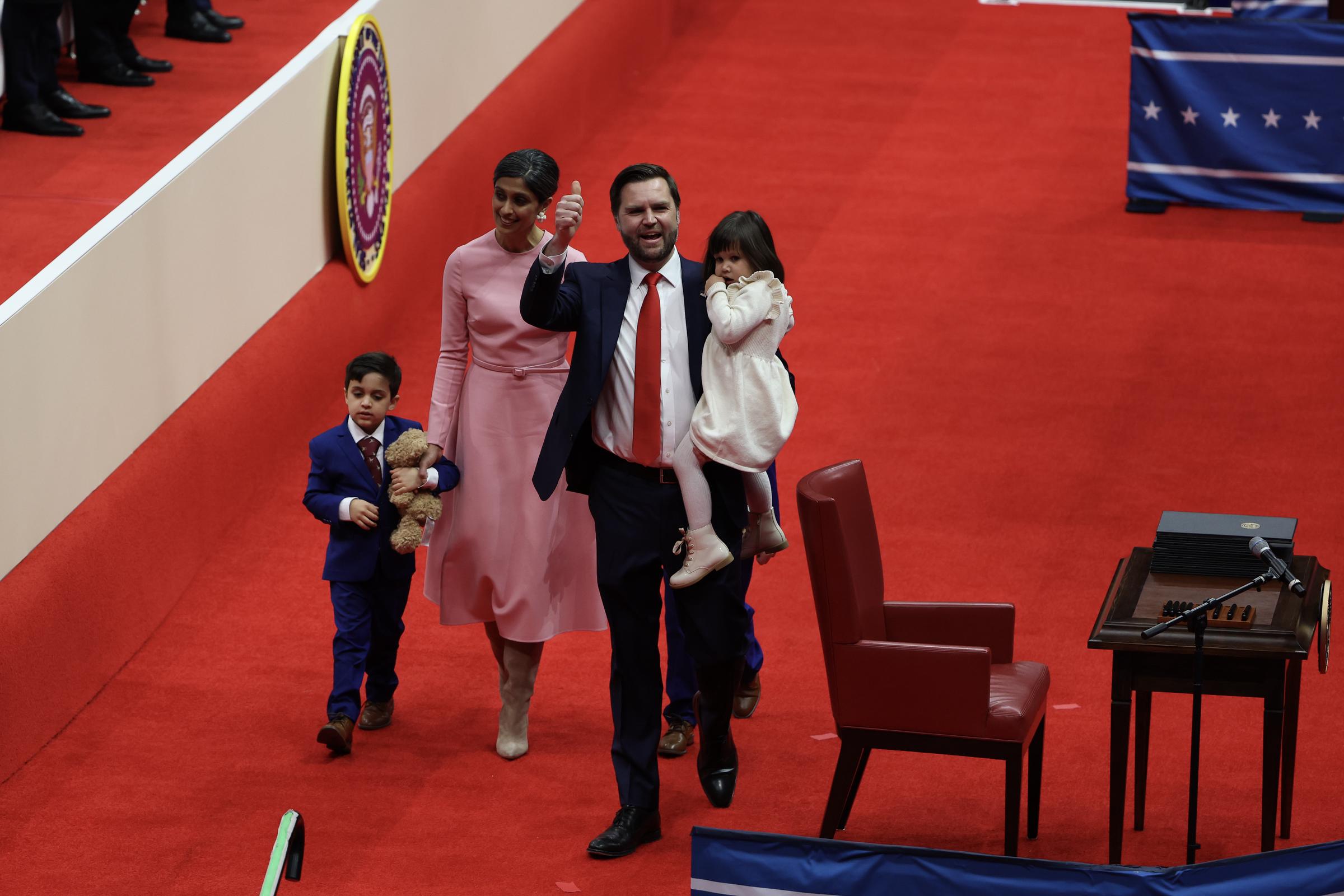 Usha and JD Vance arrive with their children at an indoor inauguration parade in Washington, DC, on January 20, 2025. | Source: Getty Images