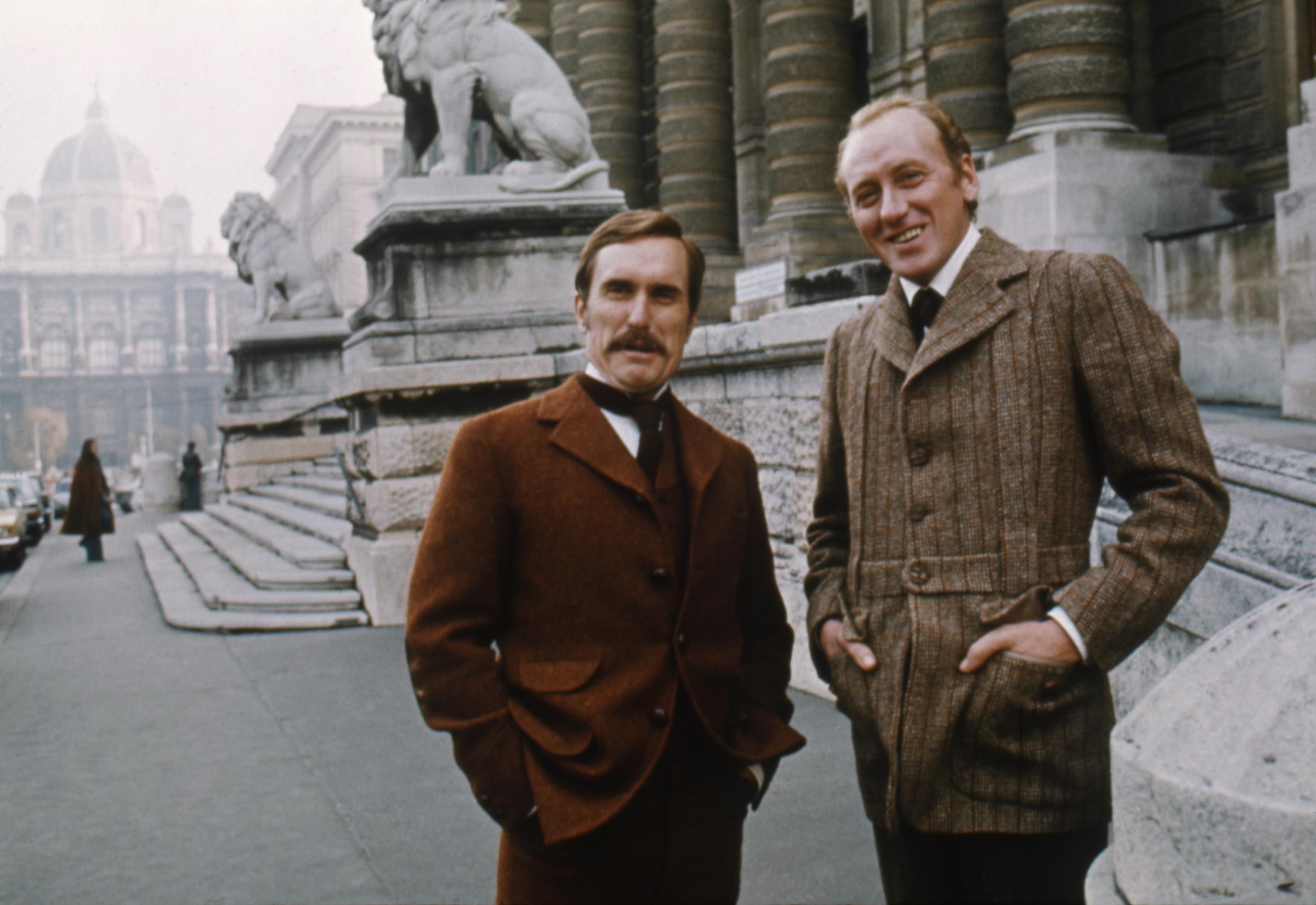 Robert Duvall and Nicol Williamson posing while filming "The Seven Percent Solution." | Source: Getty Images