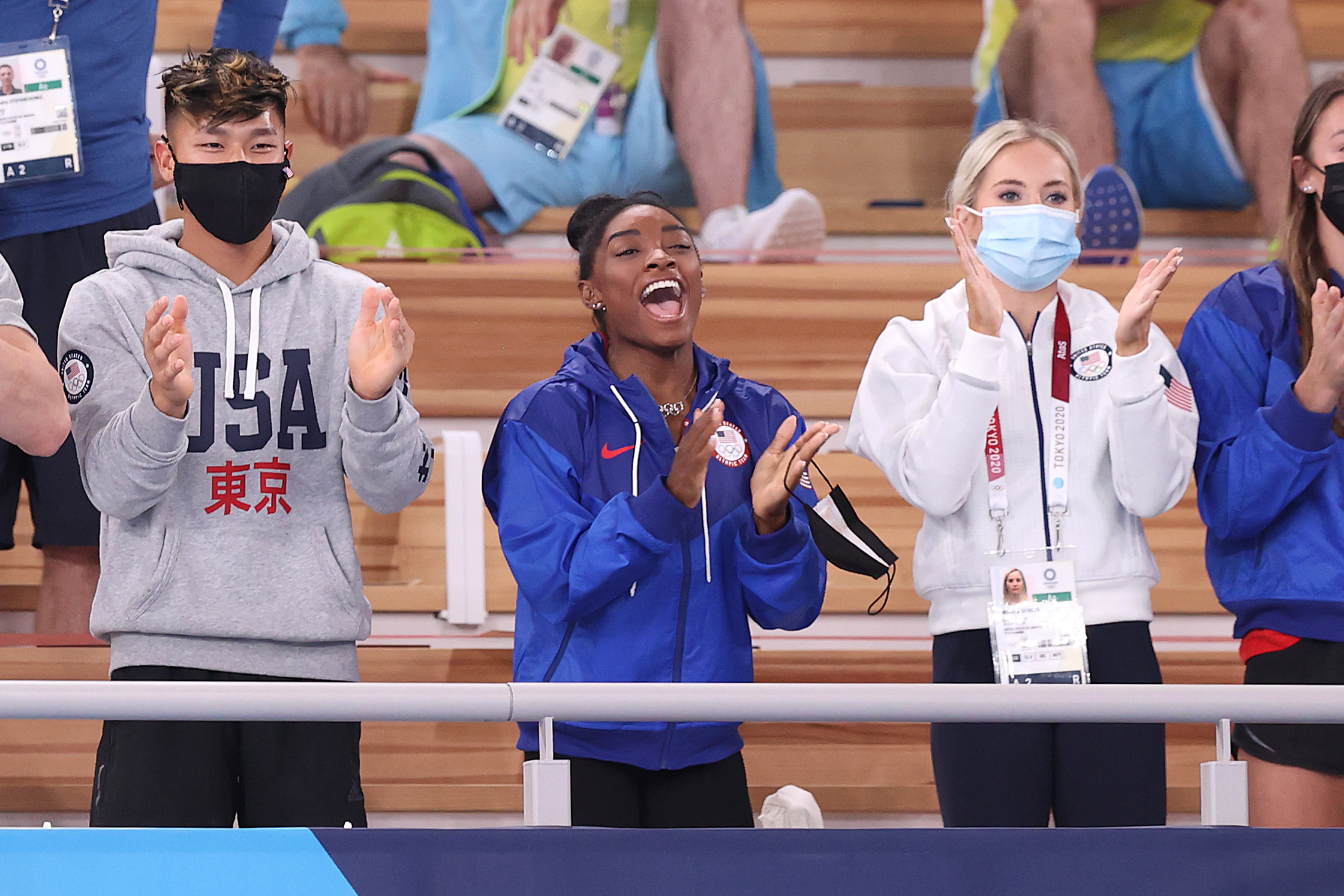 Mykayla Skinner and Simone Biles during the Women's Floor Exercise Final on day ten of the Tokyo 2020 Olympic Games at Ariake Gymnastics Centre in Tokyo, Japan on August 01, 2021 | Source: Getty Images