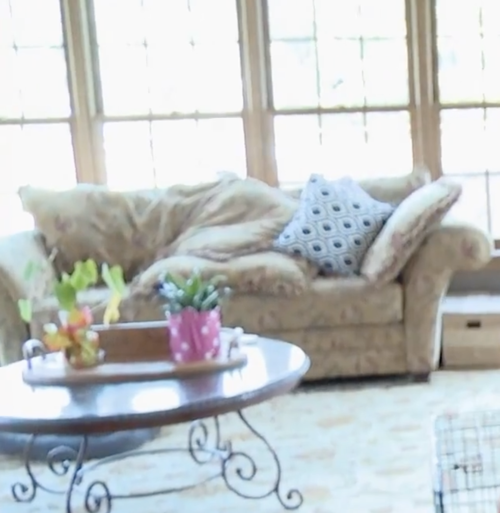 The Gosselin family's living room features a floral-patterned sofa with decorative cushions positioned in front of large windows. A round wooden coffee table with curved metal legs holds small potted plants and colorful decorations, offering a glimpse of the home's interior during Kate Plus 8. | Source: YouTube/TLC