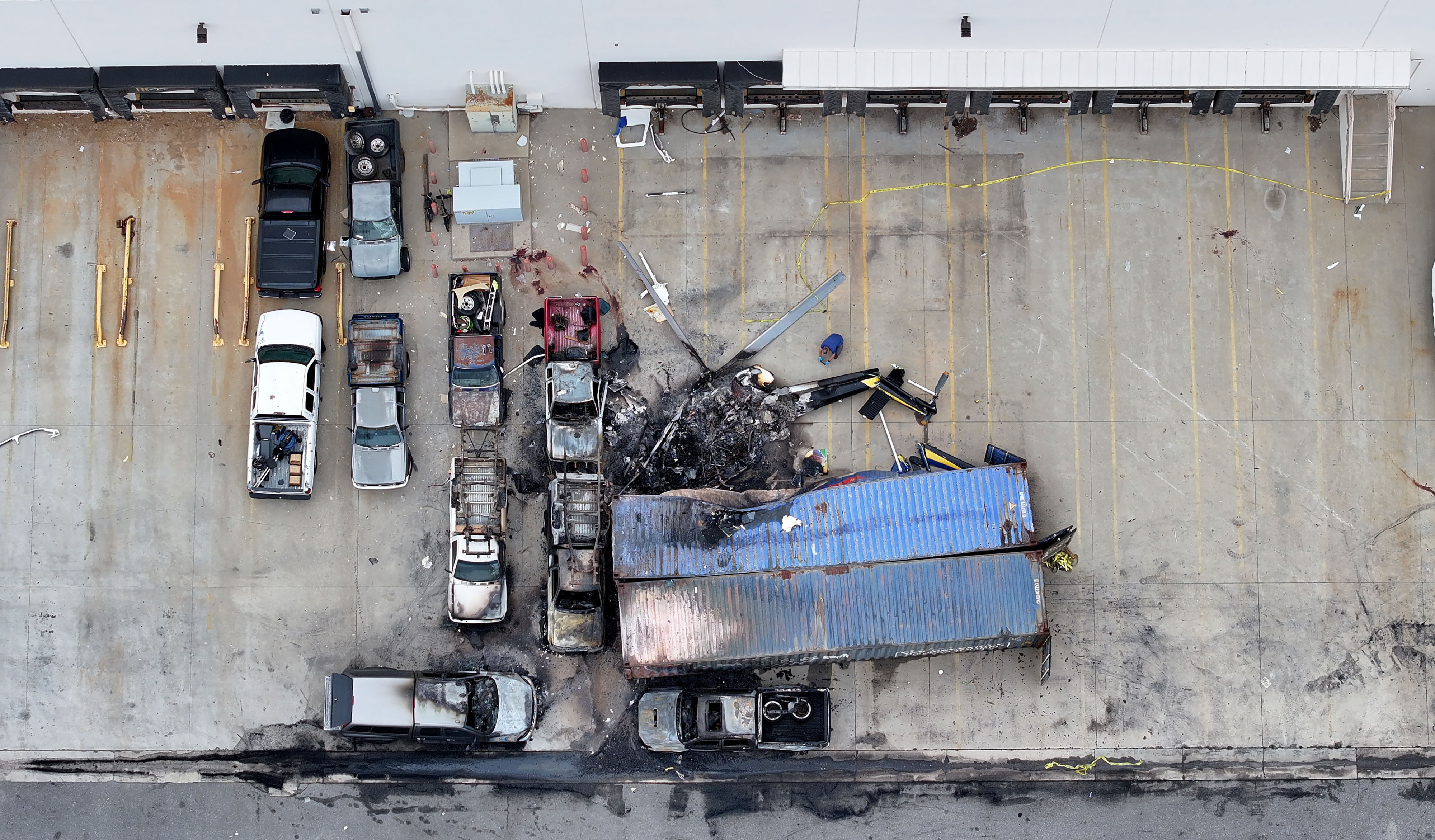 An aerial view shows the scene of the fatal helicopter crash in Chatsworth, California, on September 16, 2026. Three people were killed when the NBC4 Los Angeles helicopter crashed and caught fire near the site of an earlier fatal collision involving an SUV and a Metro bus. | Source: Getty Images