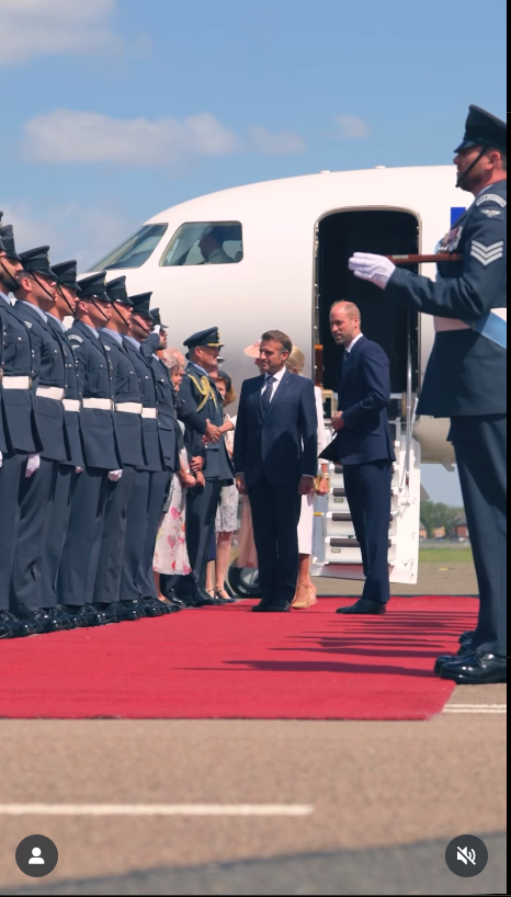 Emmanuel Macron and Prince William stand amidst military guards in front of an airplane. From a post dated July 8, 2025. | Source: Instagram/princeandprincessofwales