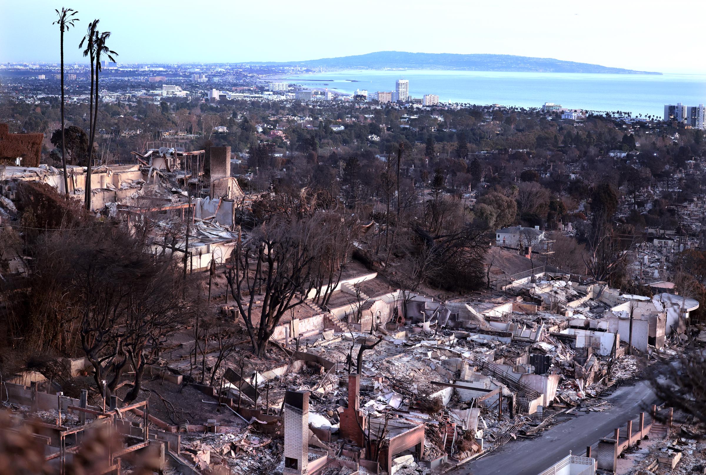 Rows of burned properties were visible from above on January 9, showing that the Lowes were returning to a neighborhood where entire residential blocks had been destroyed. | Source: Getty Images