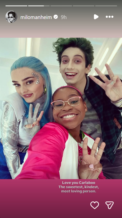 Carla Jeffery smiles alongside Milo Manheim and a fellow Zombies castmate in a behind-the-scenes photo that highlights the close bond she shared with her Disney family. | Source: Instagram/milomanheim