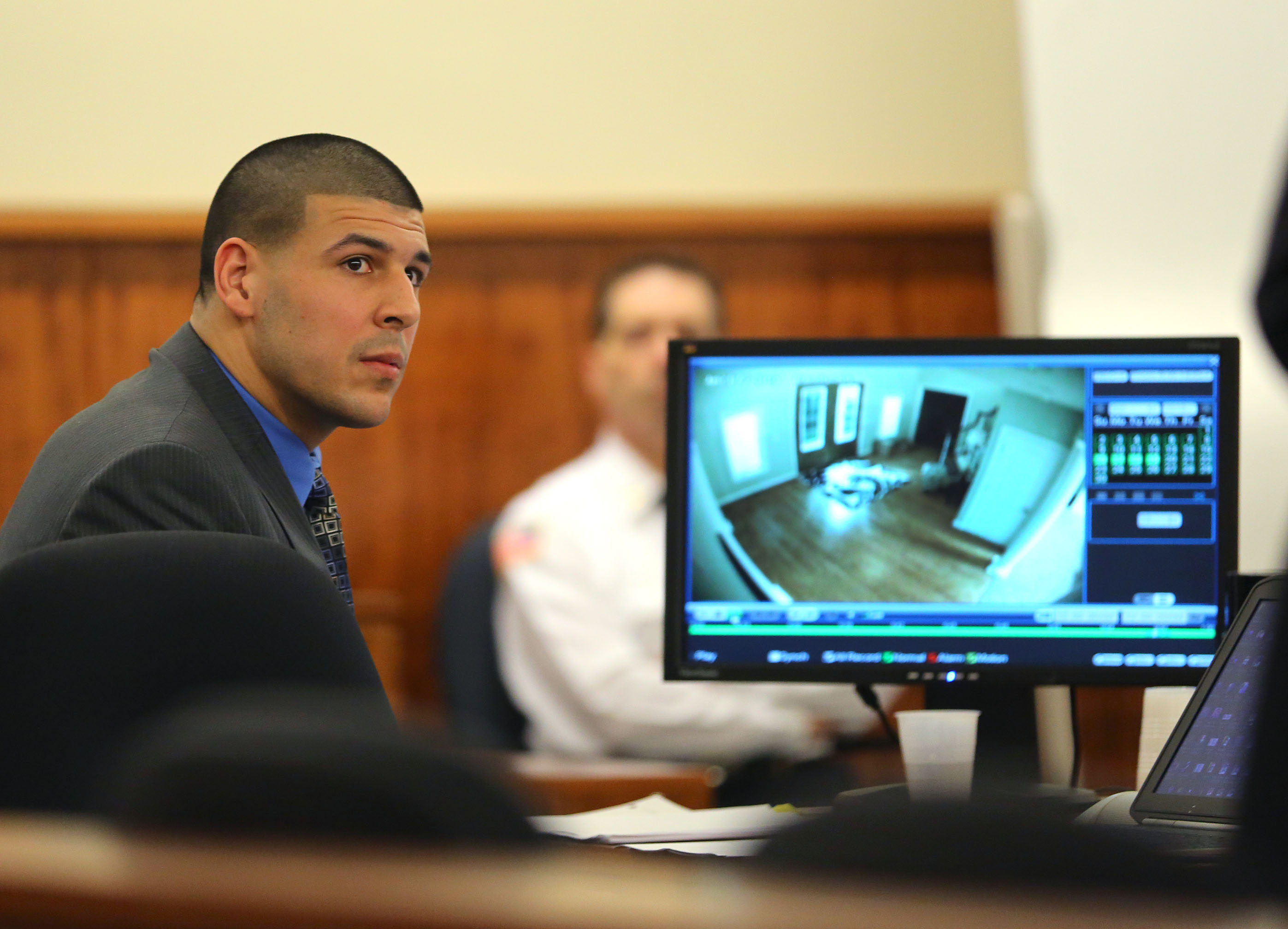 Aaron Hernandez during the trial for the murder of Odin Lloyd at Bristol County Superior Court House in Fall River, Massachusetts, on April 7, 2015. | Source: Getty Images