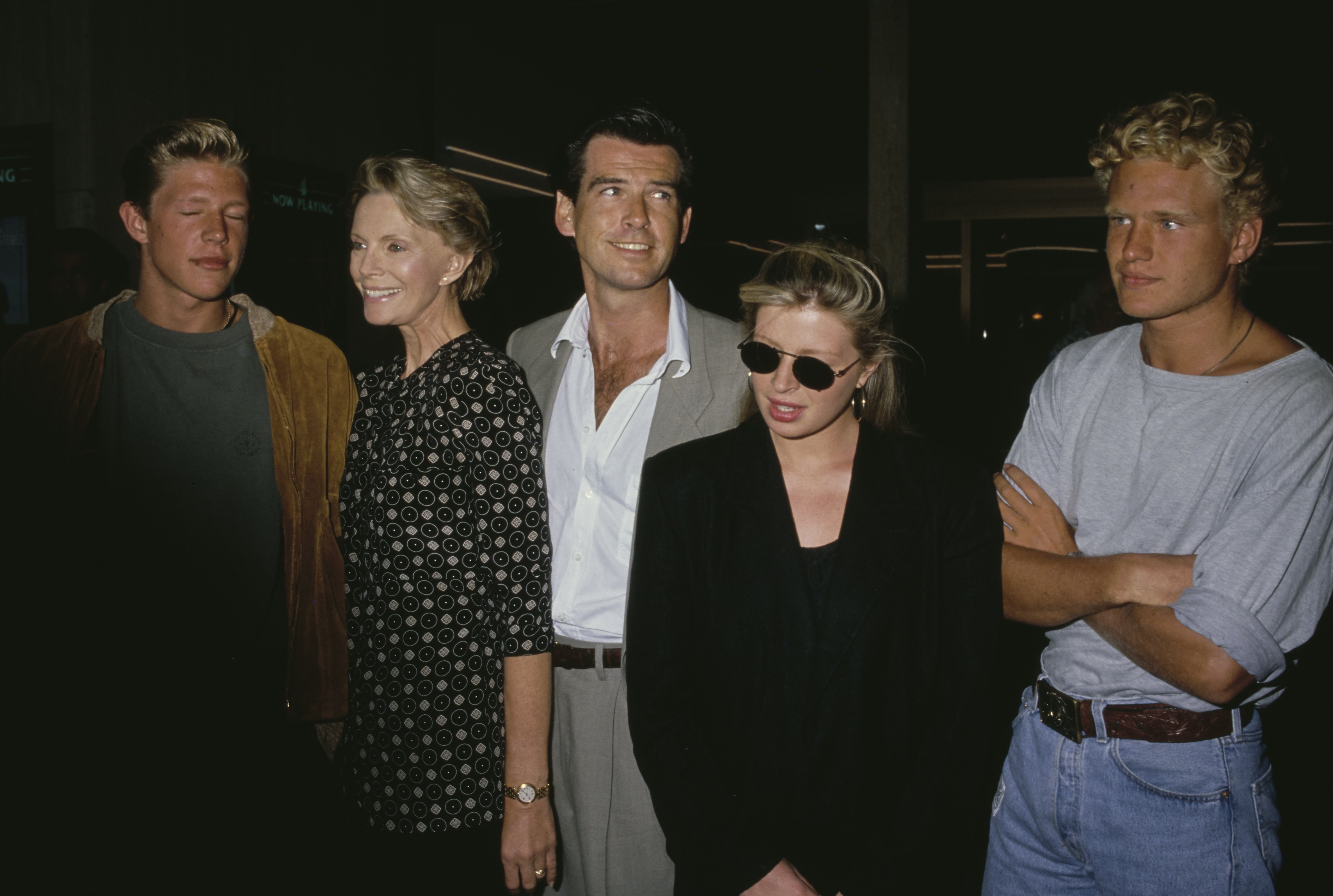 Pierce Brosnan with wife Cassandra Harrisand children Christopher Brosnan, Charlotte Brosnan and her boyfriend Alex Smith during the "Postcards from the Edge" Century City Premiere on September 10, 1990.