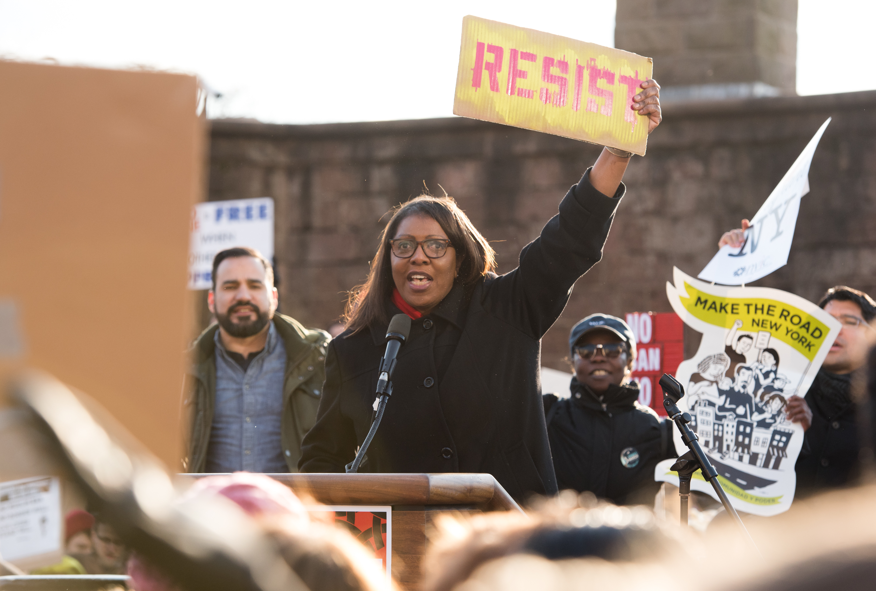 NYC Public Advocate Letitia James attends a rally protesting President Trump's travel ban in New York City on January 29, 2017. | Source: Getty Images