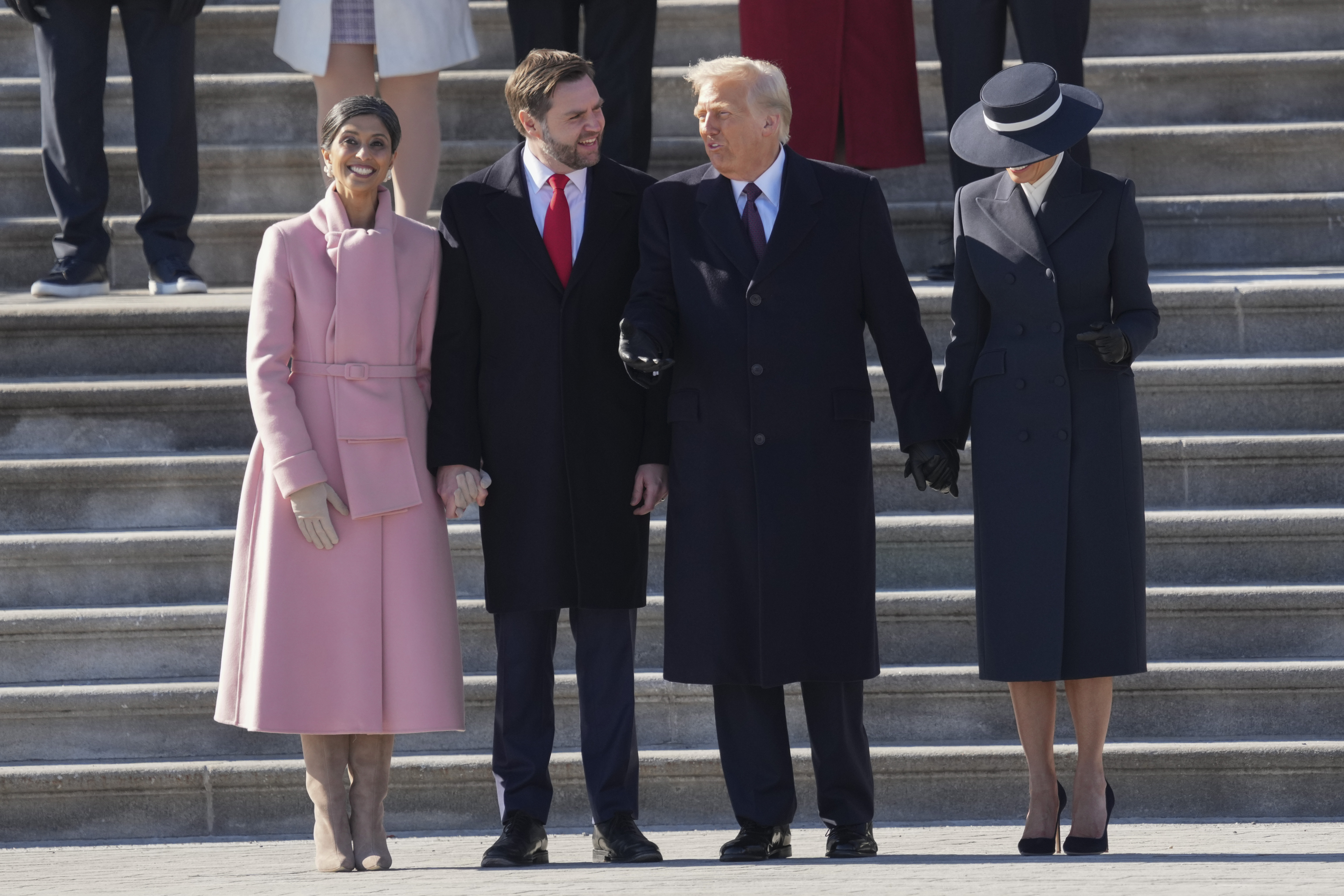J.D, U.S. President Donald Trump and first lady Melania Trump participate in a departure ceremony for former U.S. President Joe Biden and former U.S. Vice President Kamala Harris at the U.S. Capitol on January 20, 2025 | Source: Getty Images