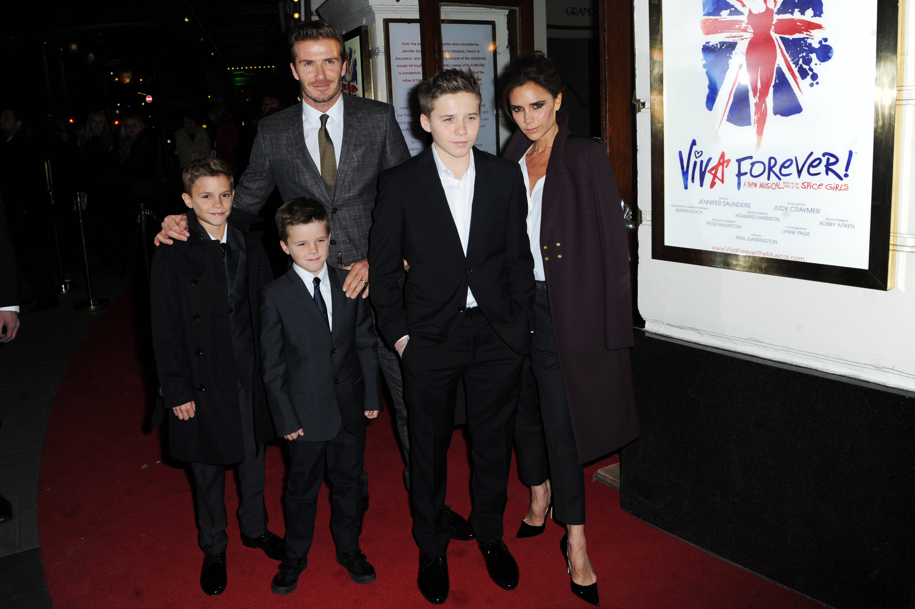 Romeo Beckham, Cruz Beckham, David Beckham, Brooklyn Beckham and Victoria Beckham attend the "Viva Forever" press night at The Piccadilly Theatre on December 11, 2012, in London, England | Source: Getty Images