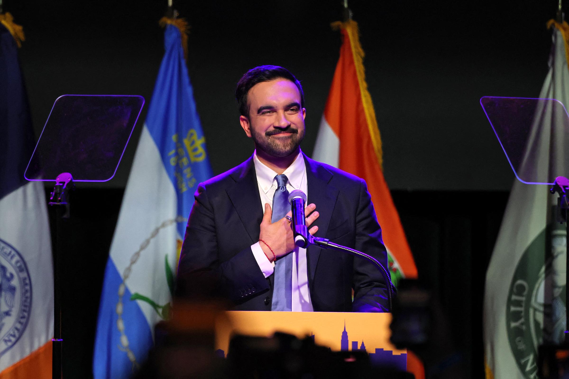 Zohran Mamdani celebrates during an election night event at the Brooklyn Paramount Theater in New York on November 4, 2025. | Source: Getty Images
