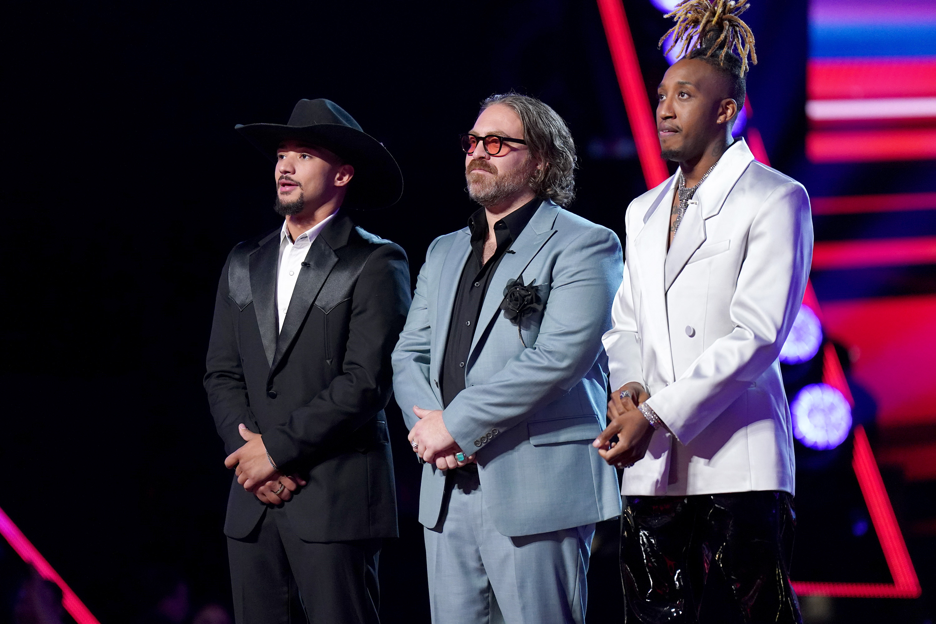 Jaelen Johnston, Adam David, and Renzo during the live finale of "The Voice" Season 27 on March 20, 2025 | Source: Getty Images