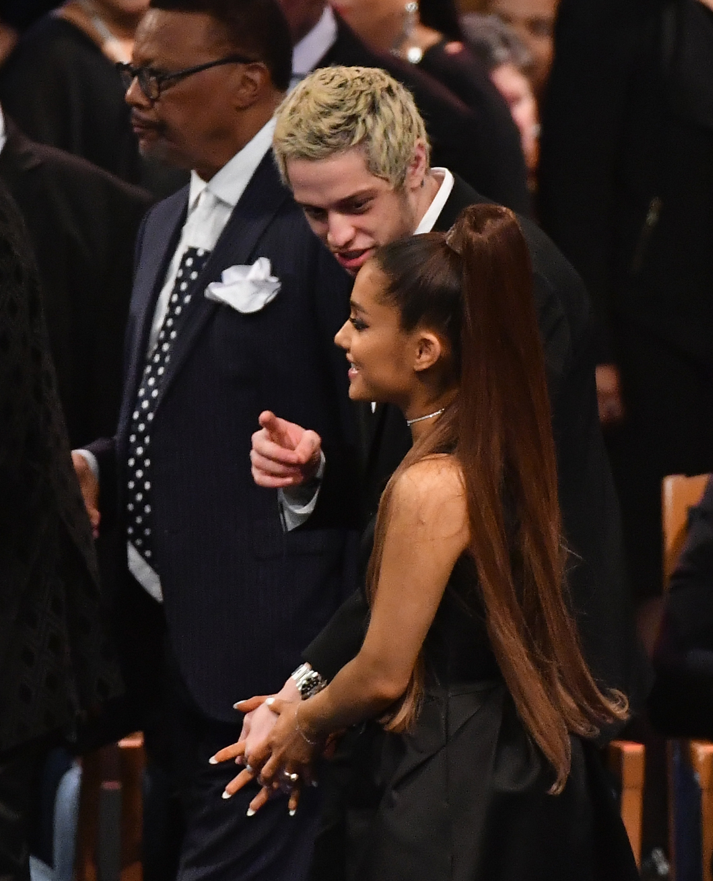 Ariana Grande and her then-fiancee Pete Davidson at Aretha Franklin's funeral at Greater Grace Temple in Detroit, Michigan on August 31, 2018 | Source: Getty Images