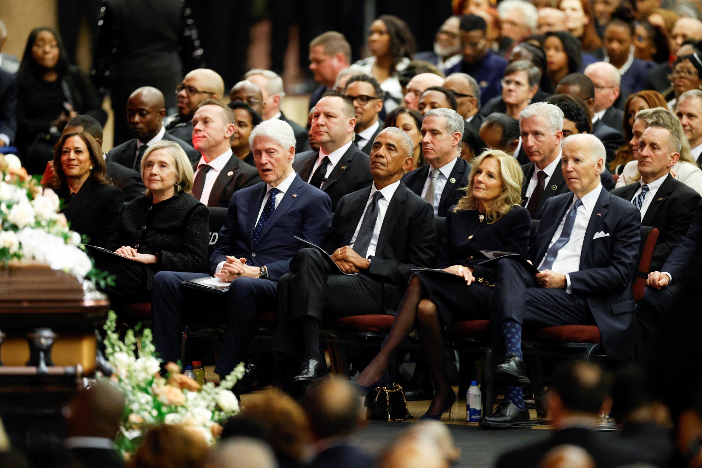 Former U.S. Vice President Kamala Harris, former U.S. First Lady and Secretary of State Hillary Clinton, former U.S. President Bill Clinton, former U.S. President Barack Obama, former U.S. First Lady Dr. Jill Biden, and former U.S. President Joe Biden at the public memorial service for Rev. Jesse Jackson in Chicago, Illinois on March 6, 2026. | Source: Getty Images