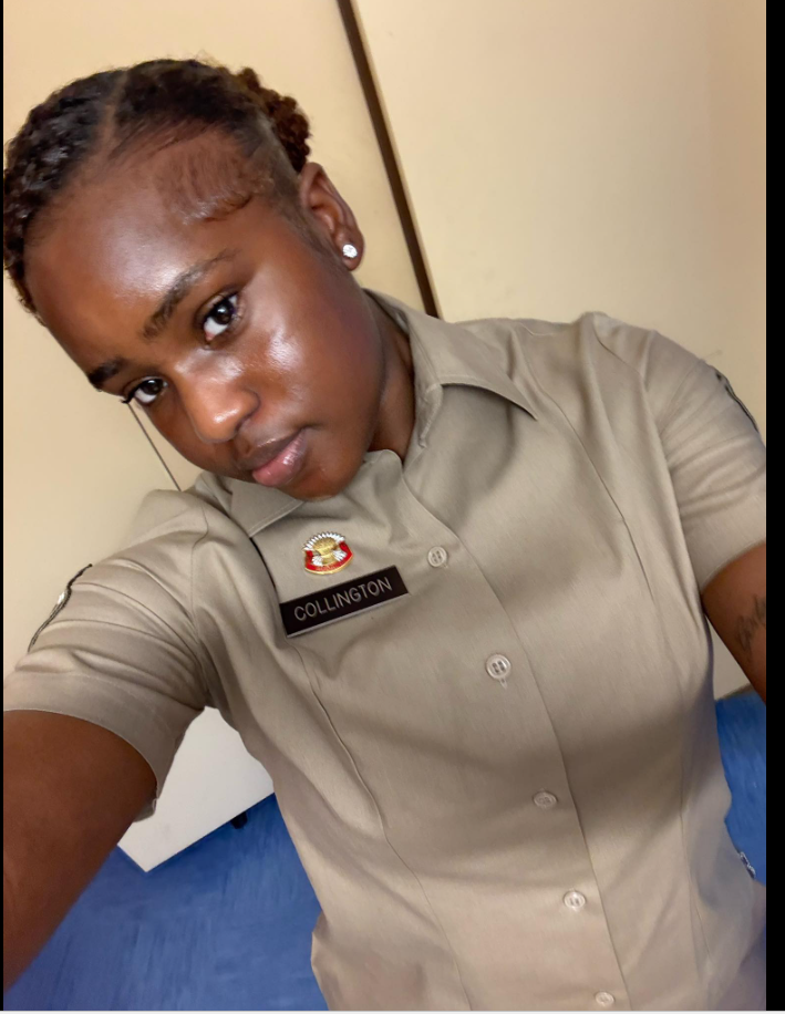 Specialist Mariyah Symone Collington takes a close-up selfie in her tan military uniform shirt as seen in a post dated May 14, 2026. | Source: Facebook/Lake and Sumter Style Magazine