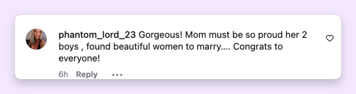 Another follower gushed, "Gorgeous! Mom must be so proud her 2 boys, found beautiful women to marry.... Congrats to everyone!" The comment came months after Brandon's younger brother, Dylan Jagger Lee, also celebrated a wedding milestone. | Source: Instagram/katarina.deme and brandonthomaslee