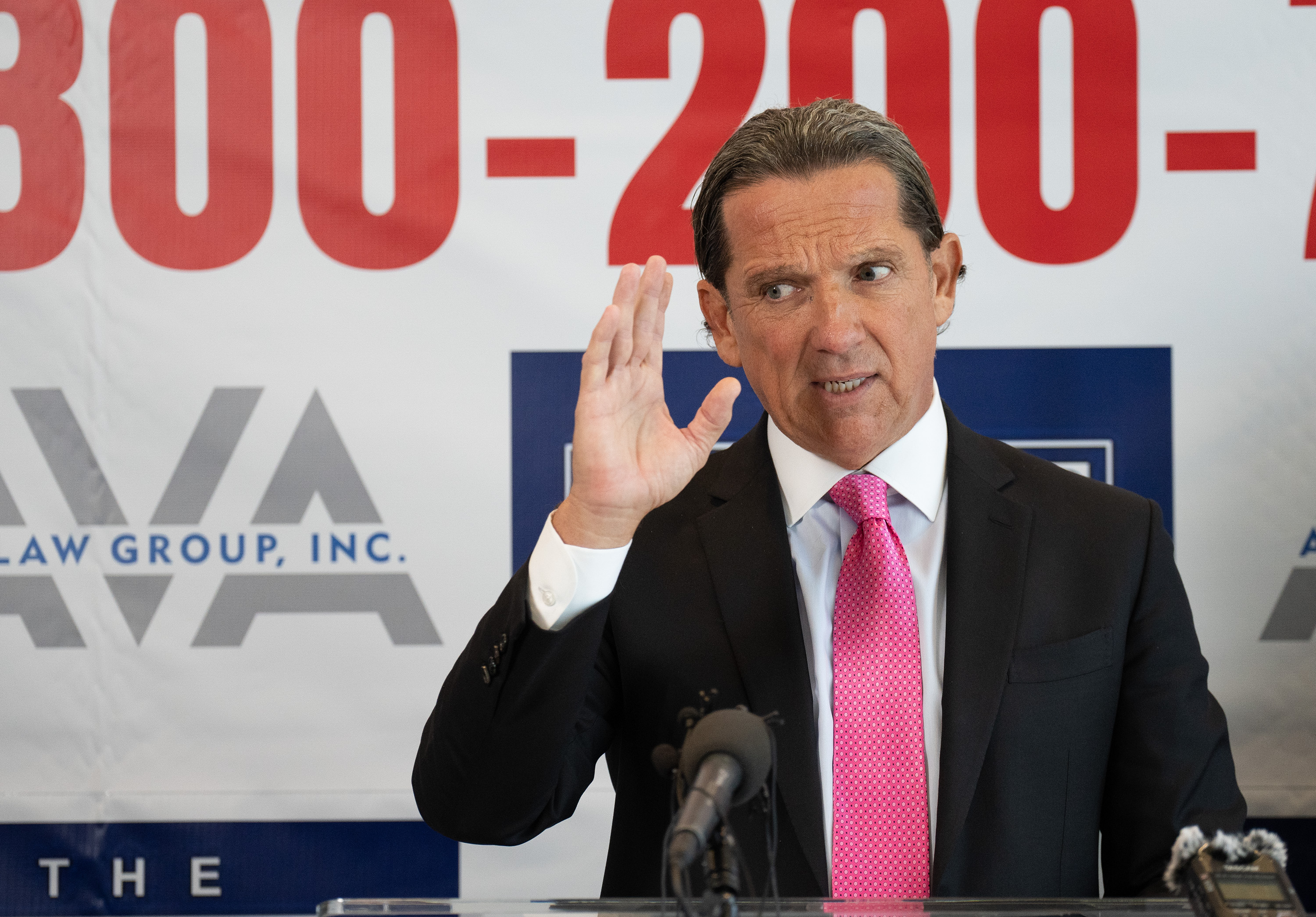 Tony Buzbee speaking during a press conference at his office in Houston, Texas on October 1, 2024. | Source: Getty Images