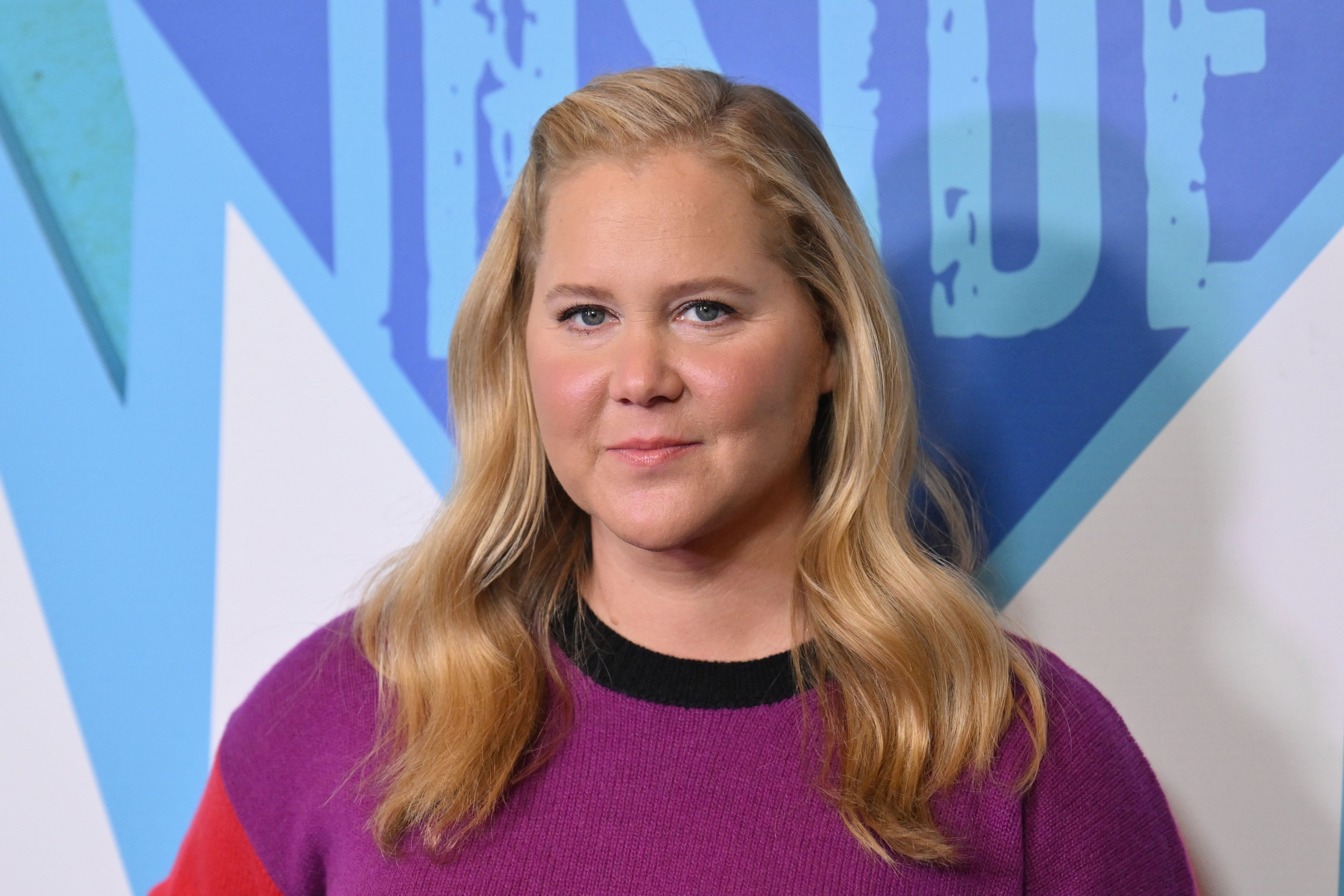Amy Schumer poses for photos at the New York City premiere of season five of "Inside Amy Schumer." She wears a bold purple sweater and styles her hair in soft, loose curls.