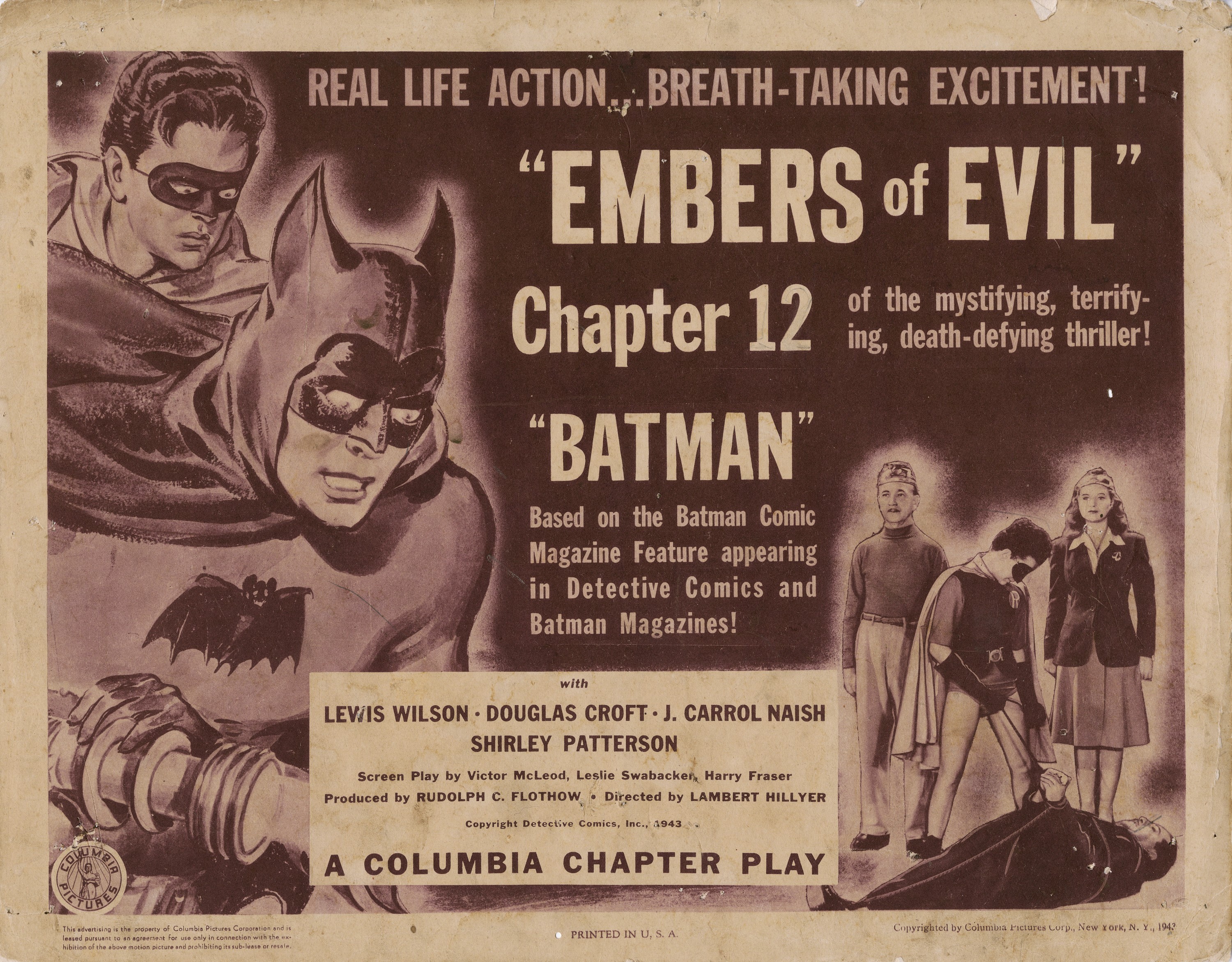 A lobby card for Chapter 12, "Embers of Evil," from the 1943 "Batman" serial shows Douglas Croft as Robin alongside the first live-action Batman, whose groundbreaking portrayal marked the character's cinematic debut. | Source: Getty Images