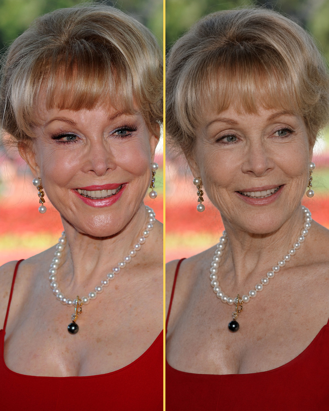 A side-by-side comparison shows a recent photo of Barbara Eden alongside an AI-generated version imagining how the actress might look without the cosmetic procedures she has long been rumored to have undergone. | Source: ChatGPT