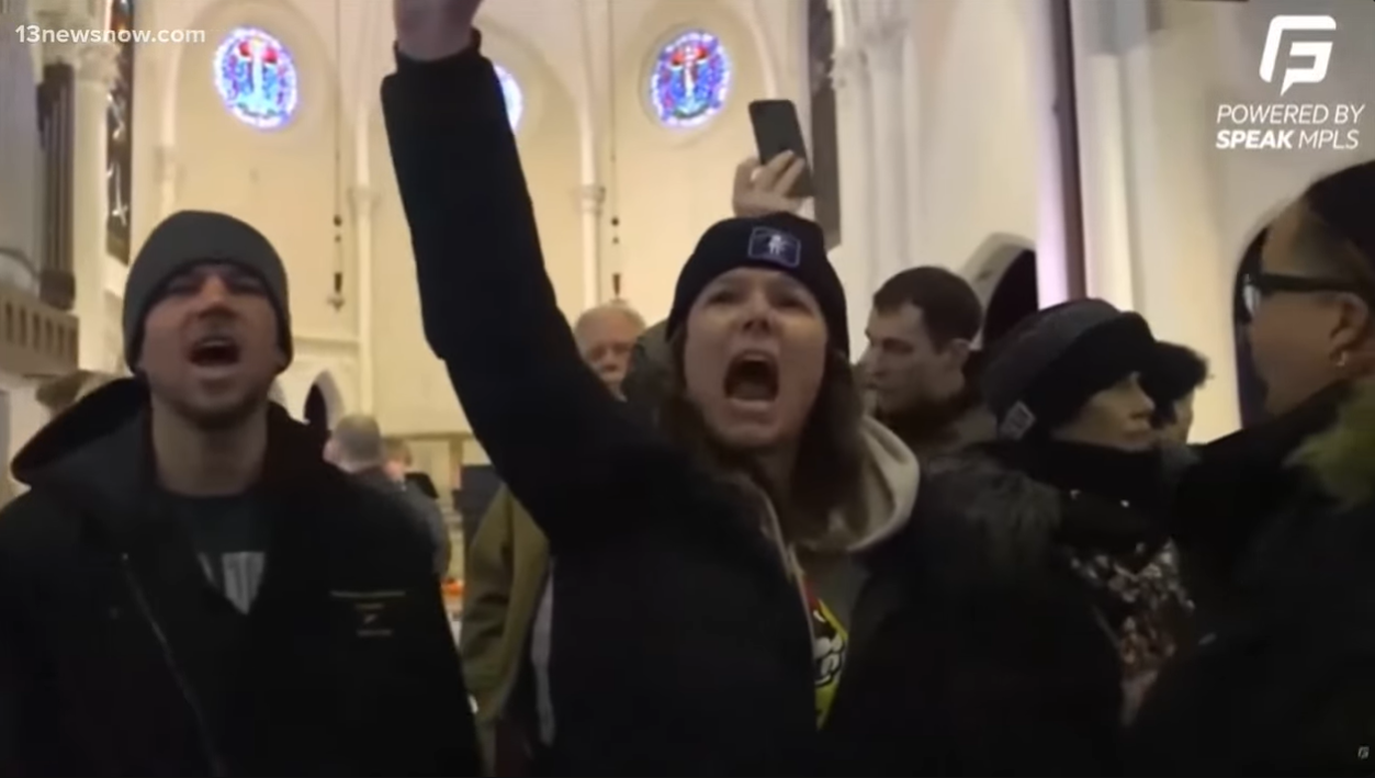 Protesters disrupt a church service in Minneapolis during an anti-ICE demonstration, as posted on January 20, 2026 | Source: YouTube/WVECTelevisionInc