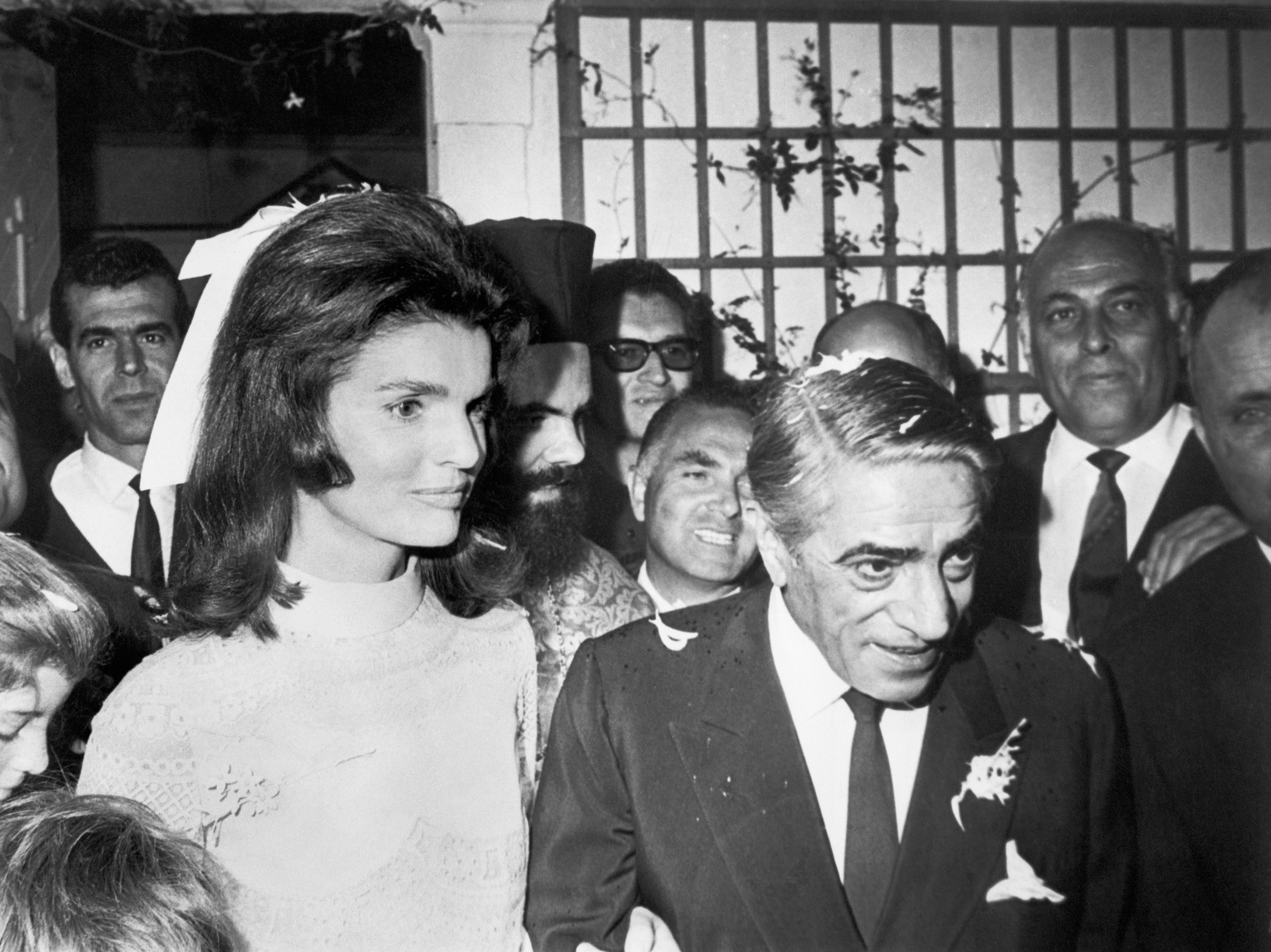 Jacqueline Kennedy Onassis and Aristotle Onassis on their wedding day on Skorpios Island, off the coast of Greece, on October 20, 1968. | Source: Getty Images