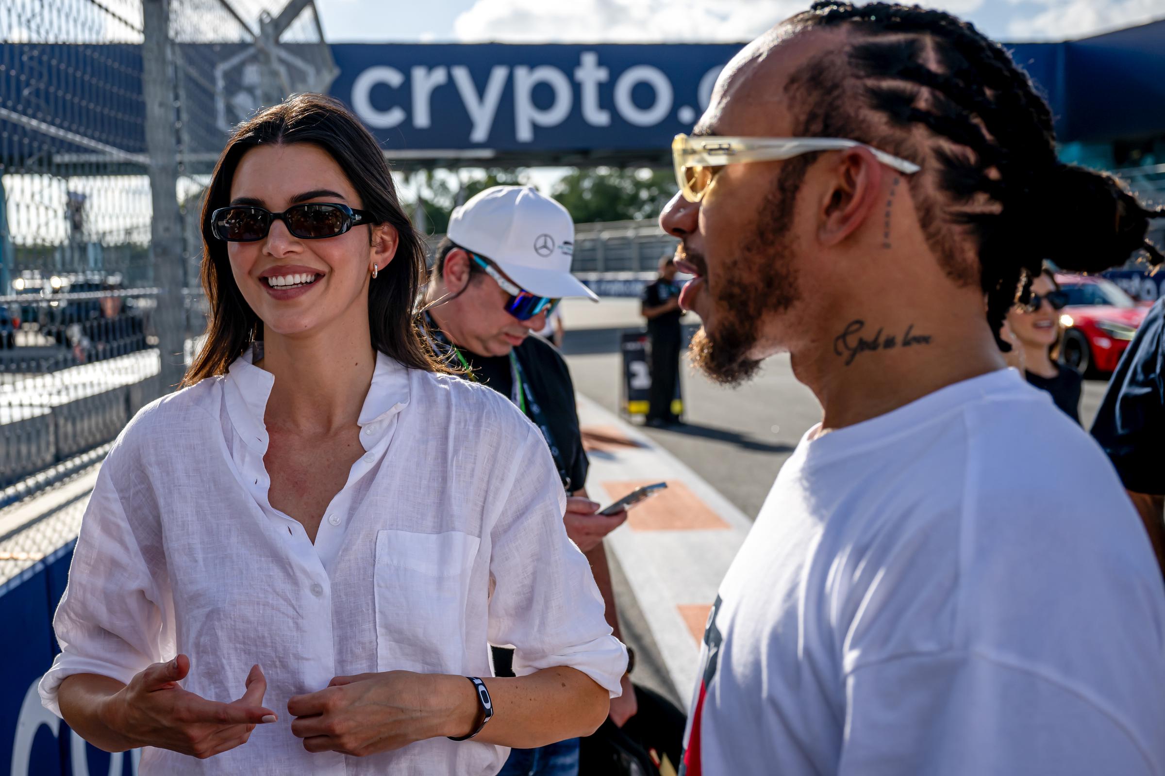 Kendall Jenner and Lewis Hamilton during practice ahead of the F1 Grand Prix of Miami in Florida on May 3, 2024. | Source: Getty Images