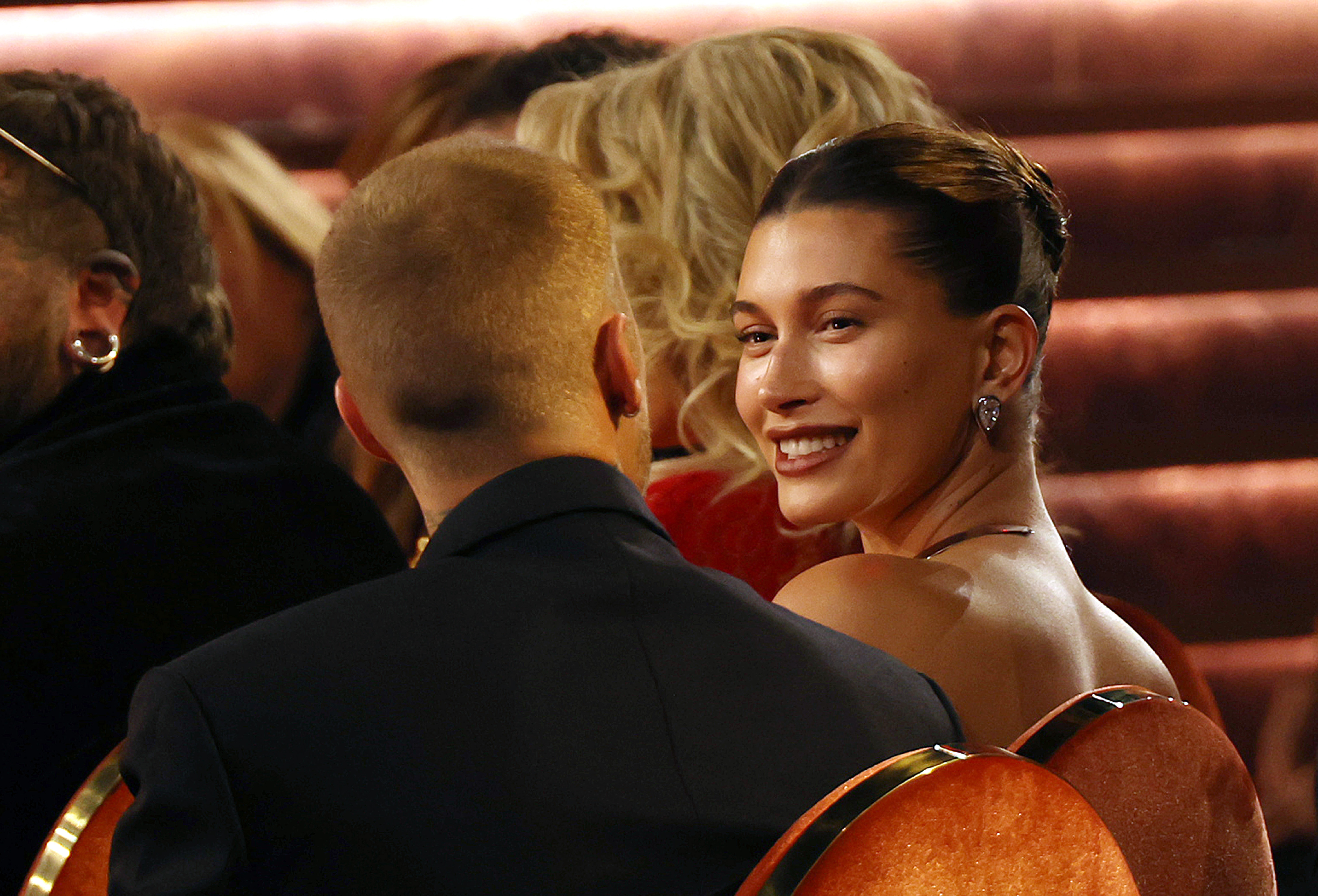 Justin and Hailey Bieber coordinate in black looks at the Grammys.