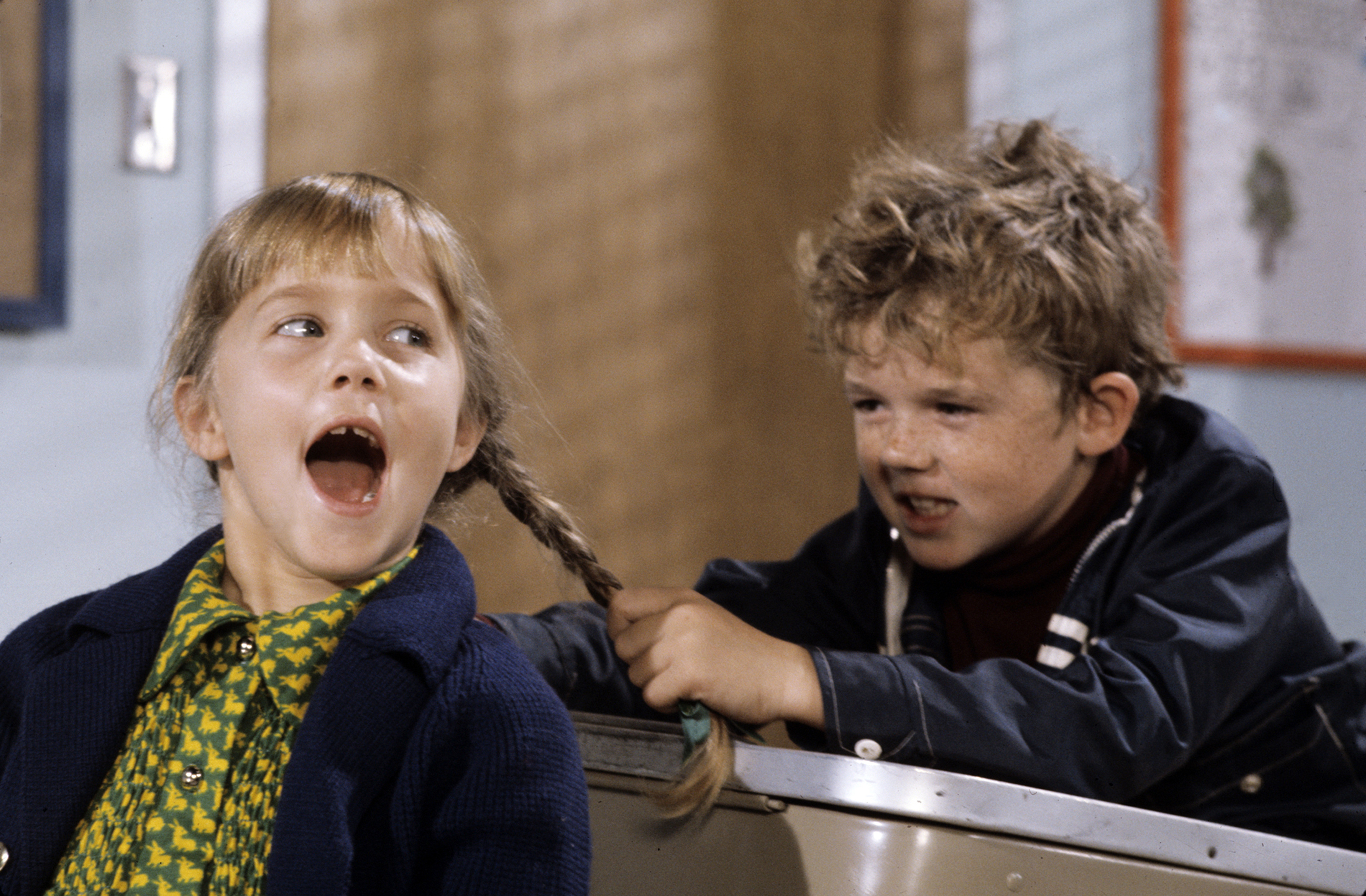 Murphy appears as Tabitha during the "Bewitched" episode "Tabitha's First Day at School," reacting as a classmate pulls one of her braids. The scene comes from the final year of the series and shows how much she had already grown since her earliest promotional portraits.
