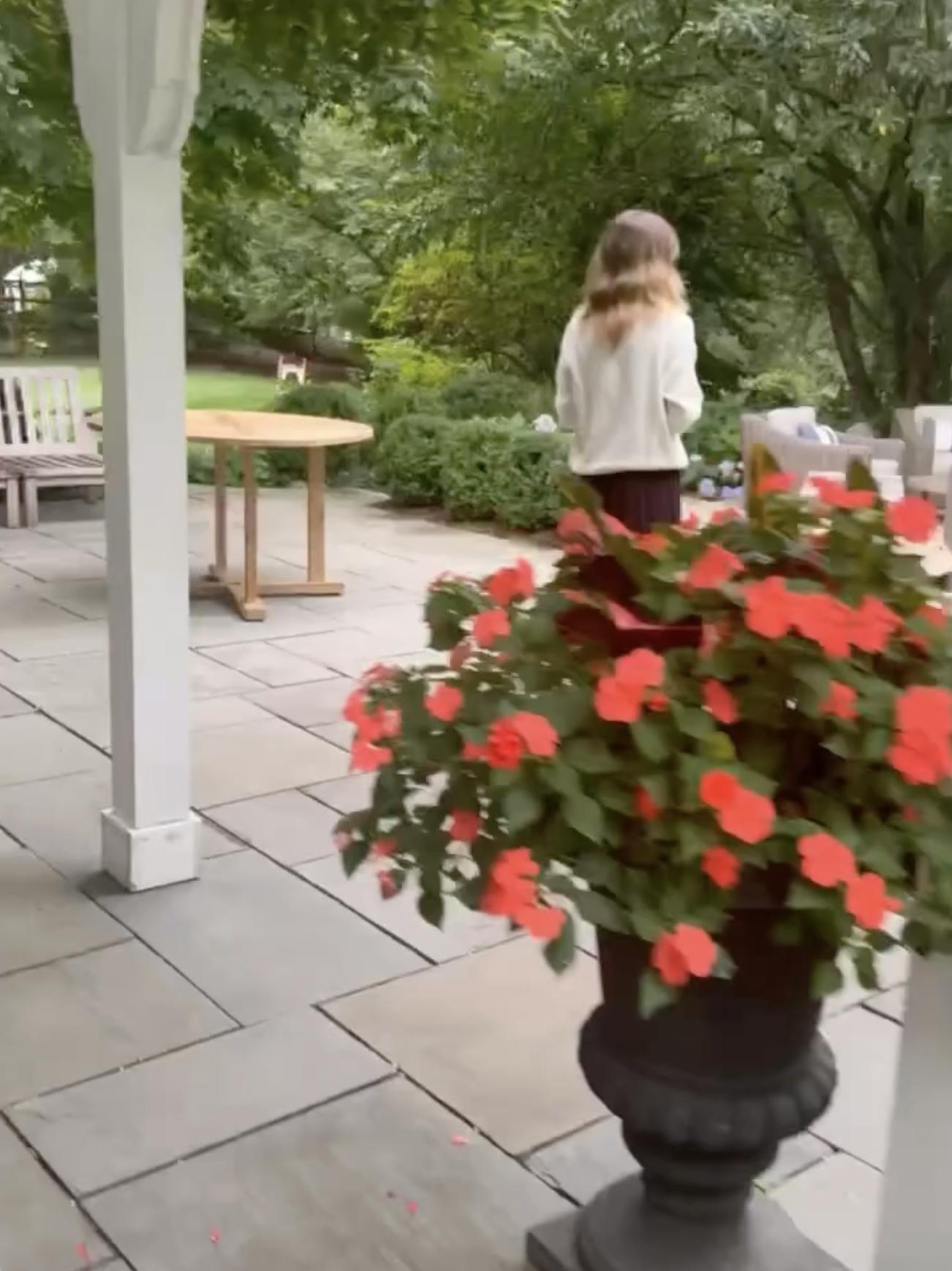 Silva shared a view of a covered outdoor seating area featuring wooden tables, benches, and potted flowers overlooking the gardens. | Source: Instagram/alejandragere