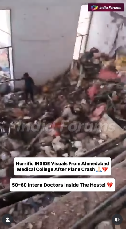 A lone man stands amid rubble inside the hostel, surrounded by shattered walls and debris, posted on June 12, 2025. | Source: Instagram/indiaforums